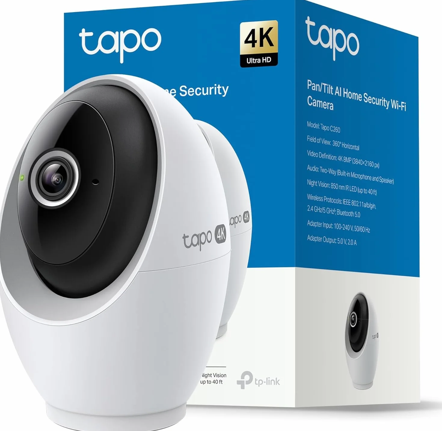 Tapo Wewnętrzna kamera bezpieczeństwa C260 4K 8MP 360°, lokalna wykrywanie AI, tryb prywatności fizycznej, 18-krotny zoom cyfrowy, śledzenie ruchu, dwukierunkowy dźwięk, karta MicroSD do 512 GB