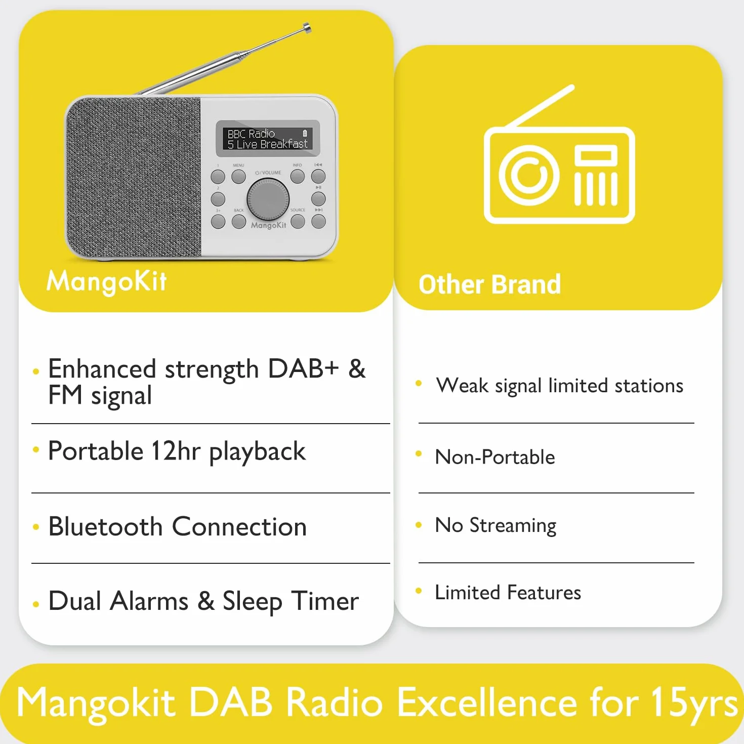 PR2S Przenośne Radio Cyfrowe DAB i FM z Głośnikiem Bluetooth, Budzikiem, 40 Stacji, Szary