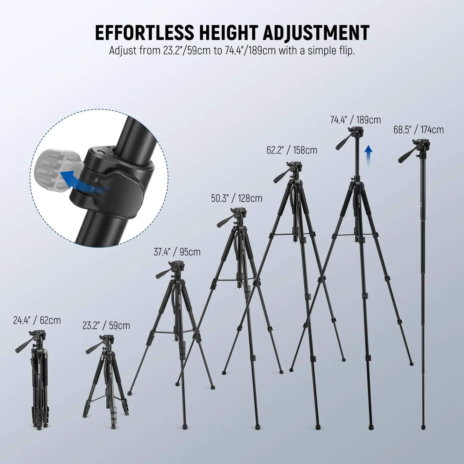 NEEWER BASICS TP05 Statyw Wideo Monopod 188 cm 3-Kierunkowy Uchwyt na Telefon z Głowicą Pan Tilt