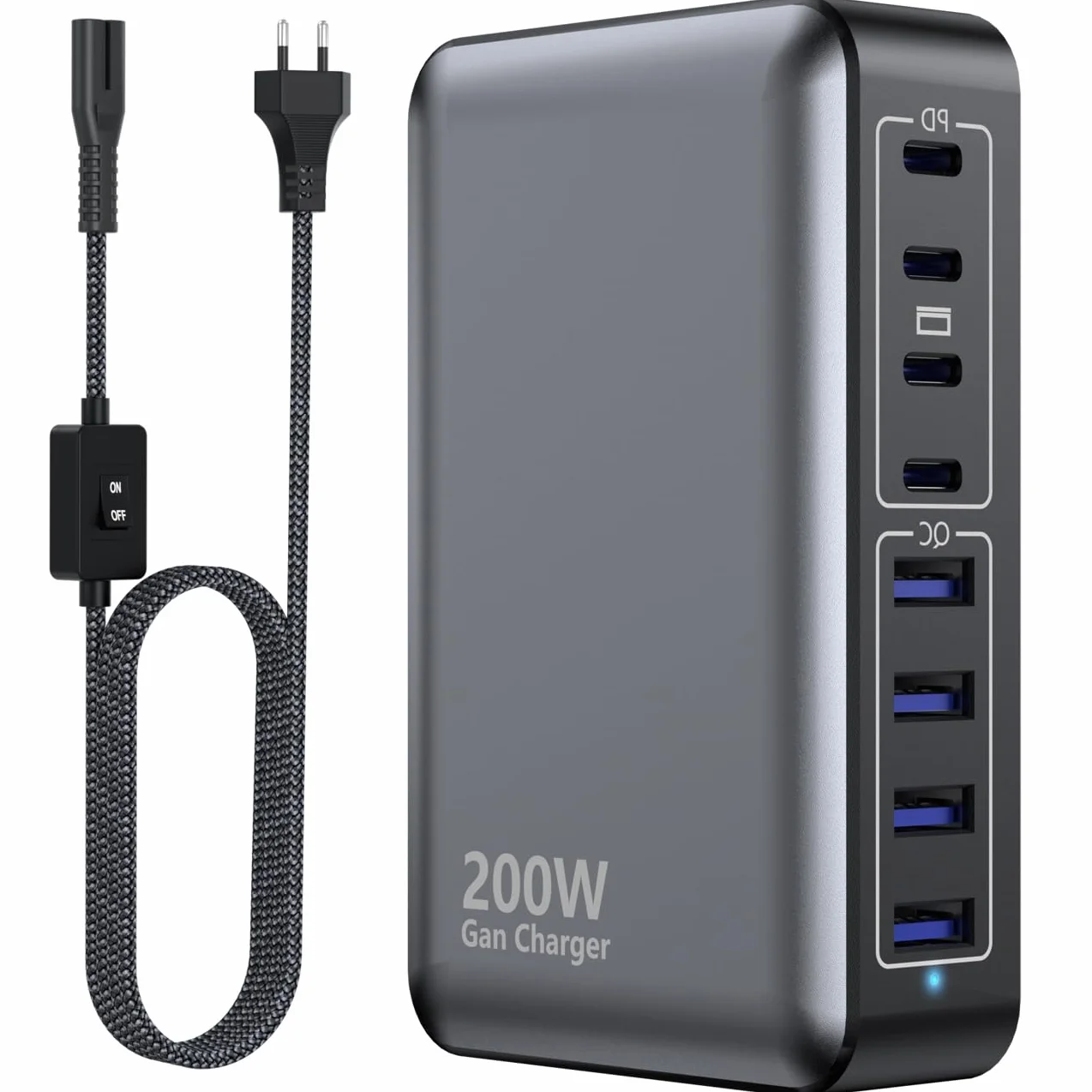 Ładownica USB C 200W 8-portowy Gan Fast Charging Station Hub PD 65W ON/OFF Switch