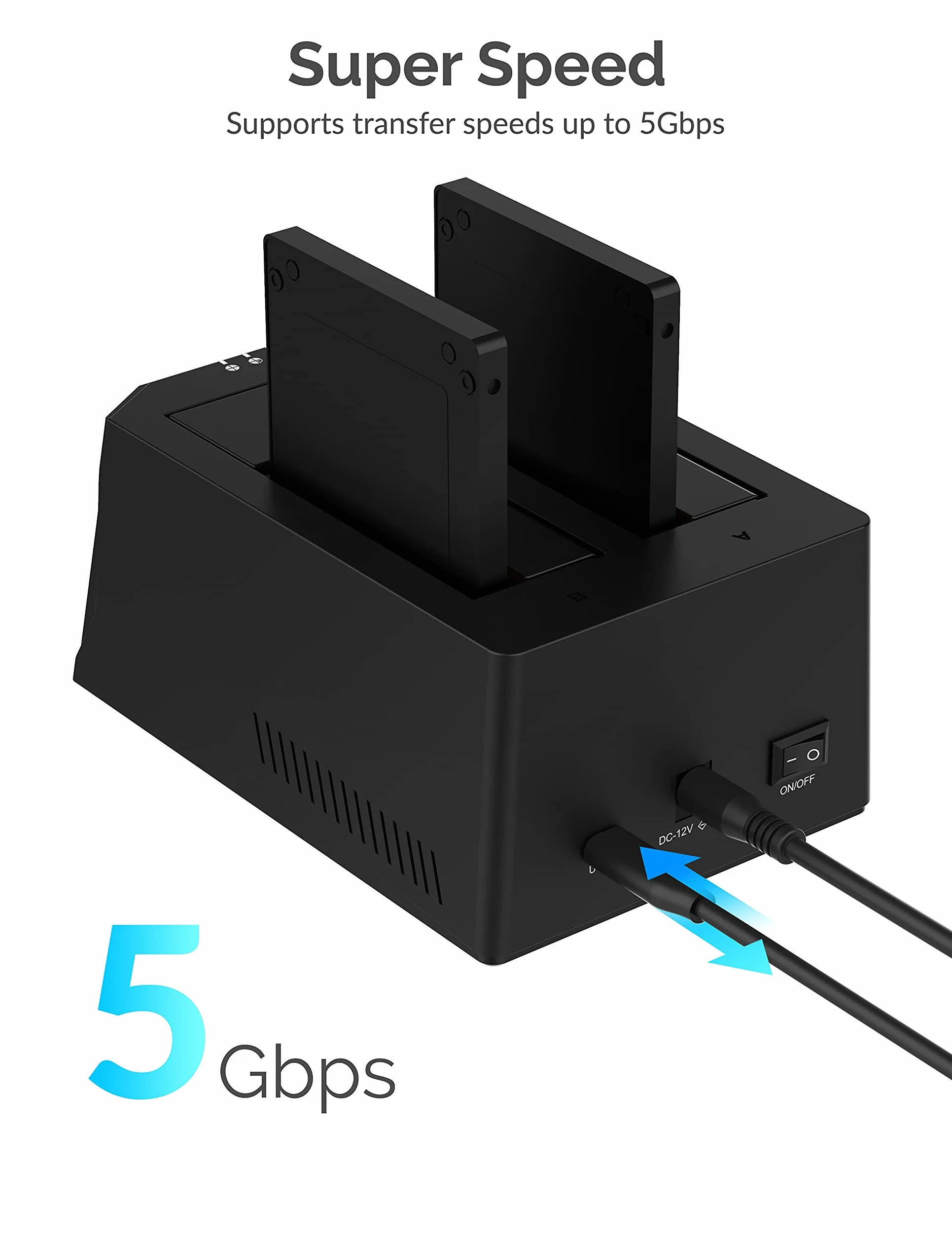 SABRENT Stacja dokująca do dysku twardego USB C SATA 2,5"/3,5", 2 kieszenie na dysk SSD/HDD na USB 3.2, zewnętrzna obudowa na dysk twardy, klonowanie offlinowe, UASP, kabel USB w zestawie, z