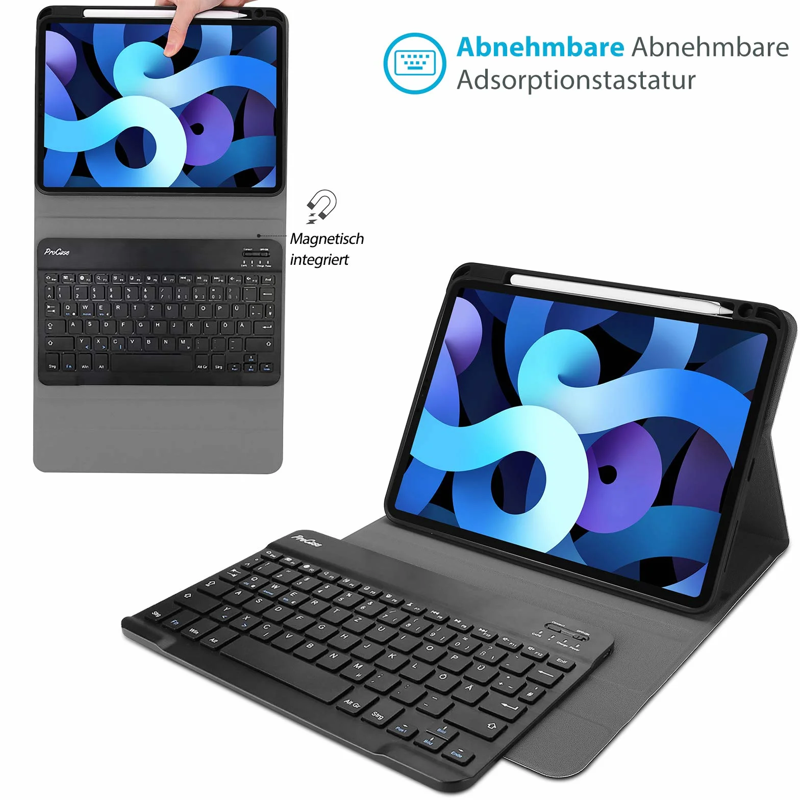 ProCase Niemiecki futerał na klawiaturę z uchwytem na długopis do iPada Air 11" M2 2024 / iPad Air 5 2022 / Air 4 Gen 2020 10,9", ultracienkie, z wyjmowanym magnesem, klawiatura bezprzewodowa