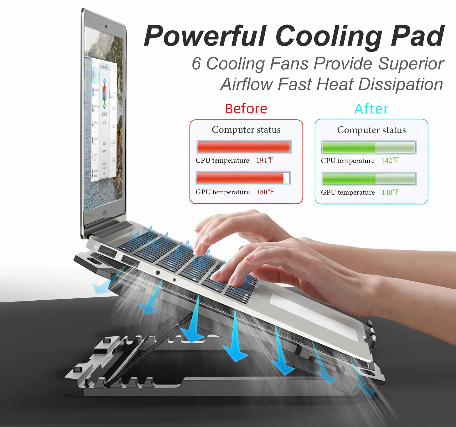 ICE COOREL Podkładka chłodząca do laptopa z 6 wentylatorami chłodzącymi, podkładka chłodząca do laptopa 13-15,6 cala, stojak chłodzący na laptopa z 6 regulacją wysokości, podkładka chłodząca do