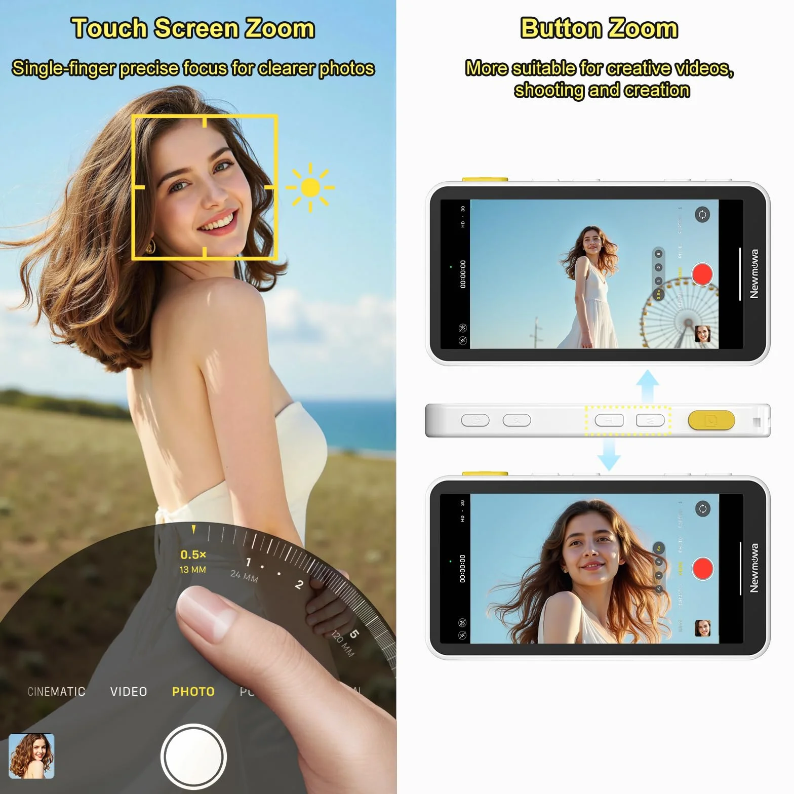 Newmowa Magnetyczny Selfie Monitor Ekranem Dotykowym,z Zoomem, Nagrywanie Bezprzewodowe 1080P,Tylna Kamera Telefonu do Vlog TikTok,Kompatybilny z iPhone(Nagrywanie 4K 30fps Tylko dla iPhone 15/16/17)