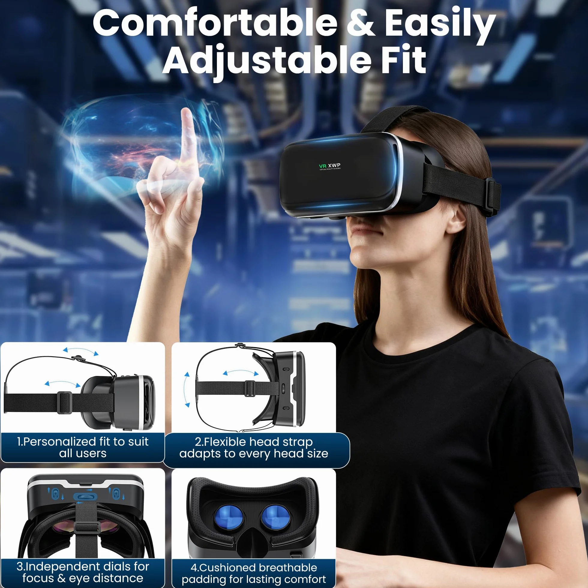 XWP Okulary VR, okulary 3D Virtual Reality z soczewką HD Anti-Blue Light do filmów i gier na telefon, kompatybilne ze smartfonami iOS/Android (4,7–6,8"), urodziny dzieci i rodziny