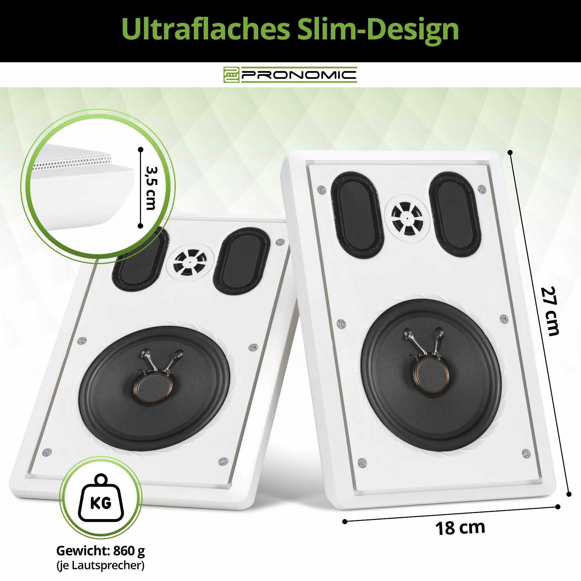 Pronomic FLS-540E WH płaski panel głośników naściennych, para (głośniki płaskie HiFi, 2-drożne pudełko, 5,25"/133 mm woofer, 1,2"/30 mm Tweeter, 30/60 W (RMS/Peak), przyłącze zacisku biegunowego