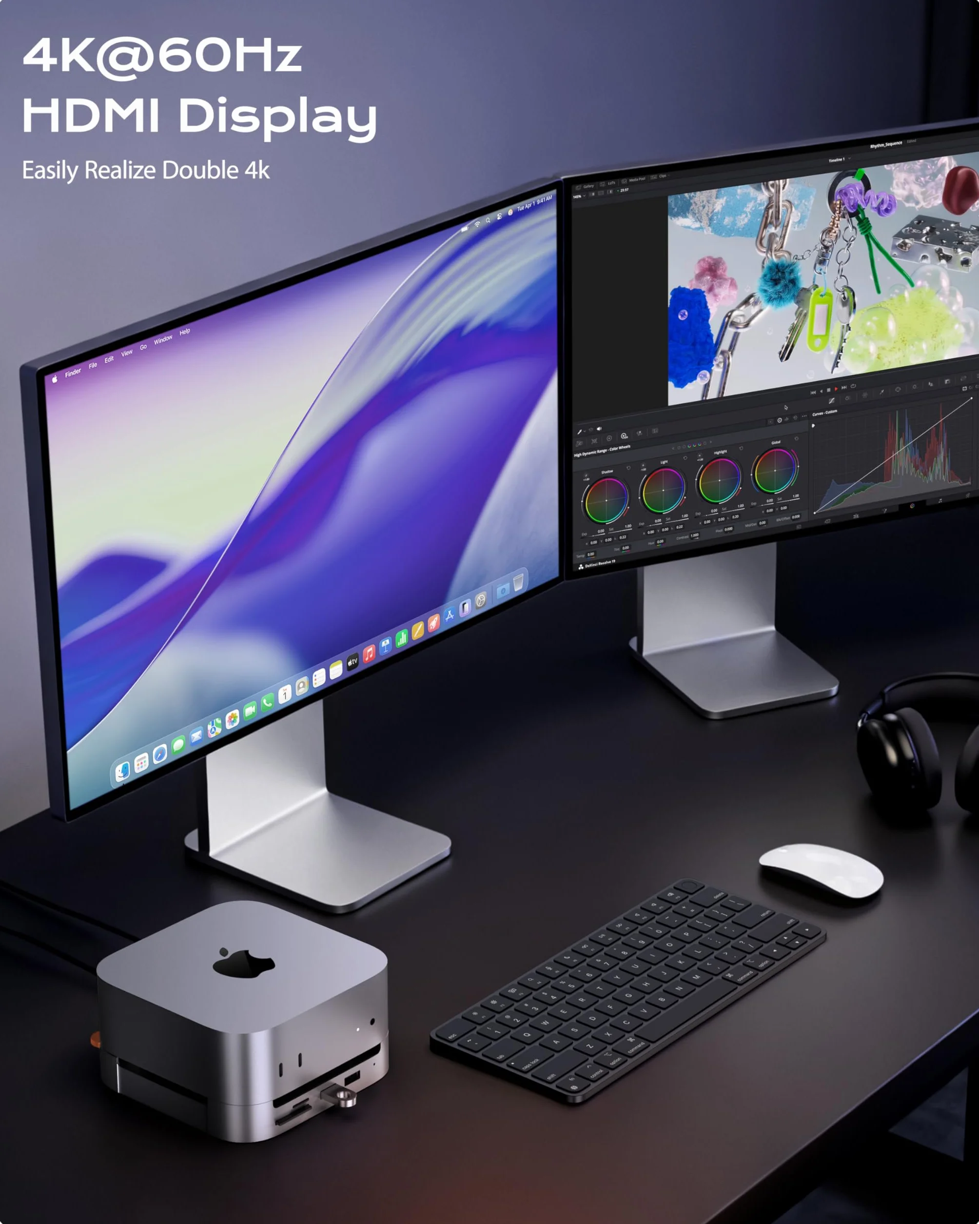 Stacja dokująca Stouchi Mac mini M4 z obudową SSD NVMe, podstawką i hubem M4 z 2 portami USB A 10 Gb/s, czytnikami kart SD/TF, HDMI 4K@60HZ, 2 portami USB A do transmisji danych, gniazdem audio 3,5 mm