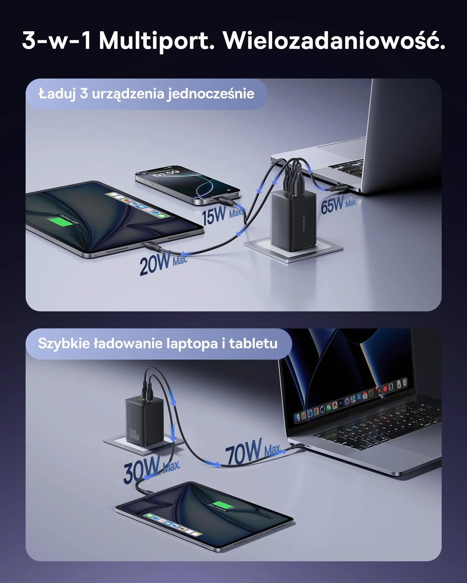 Baseus Enerfill ładowarka USB C 100 W, 3-portowy zasilacz USB C, ładowarka PD z PPS, szybka ładowarka GaN kompatybilna z MacBook Pro/Air, iPad, laptopem, iPhone 16 Pro Max, Galaxy S25, Pixel, czarna
