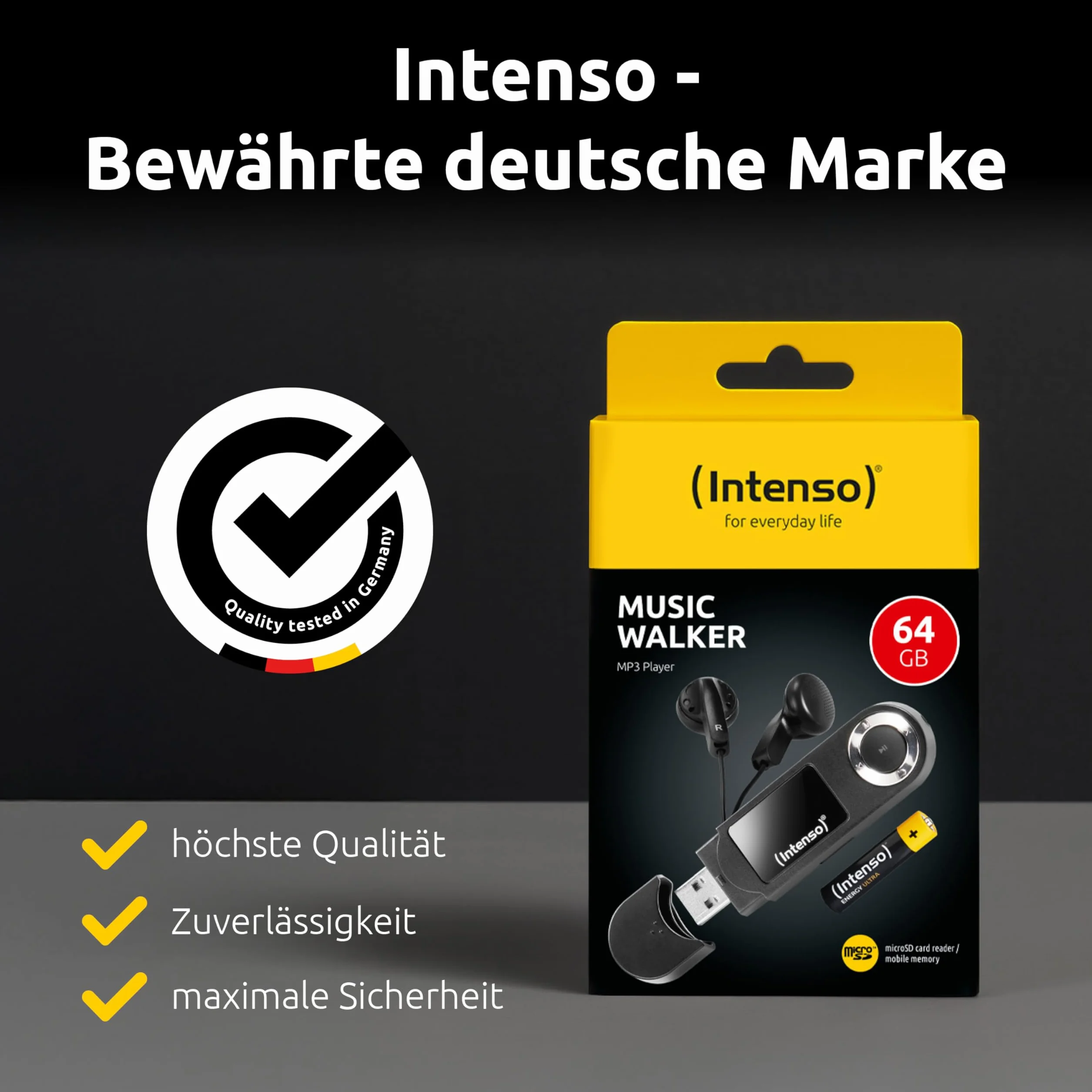 Intenso Music Walker odtwarzacz MP3 64 GB z wyświetlaczem LCD, karta microSD, USB 2.0, bateria AAA, słuchawki, czarny