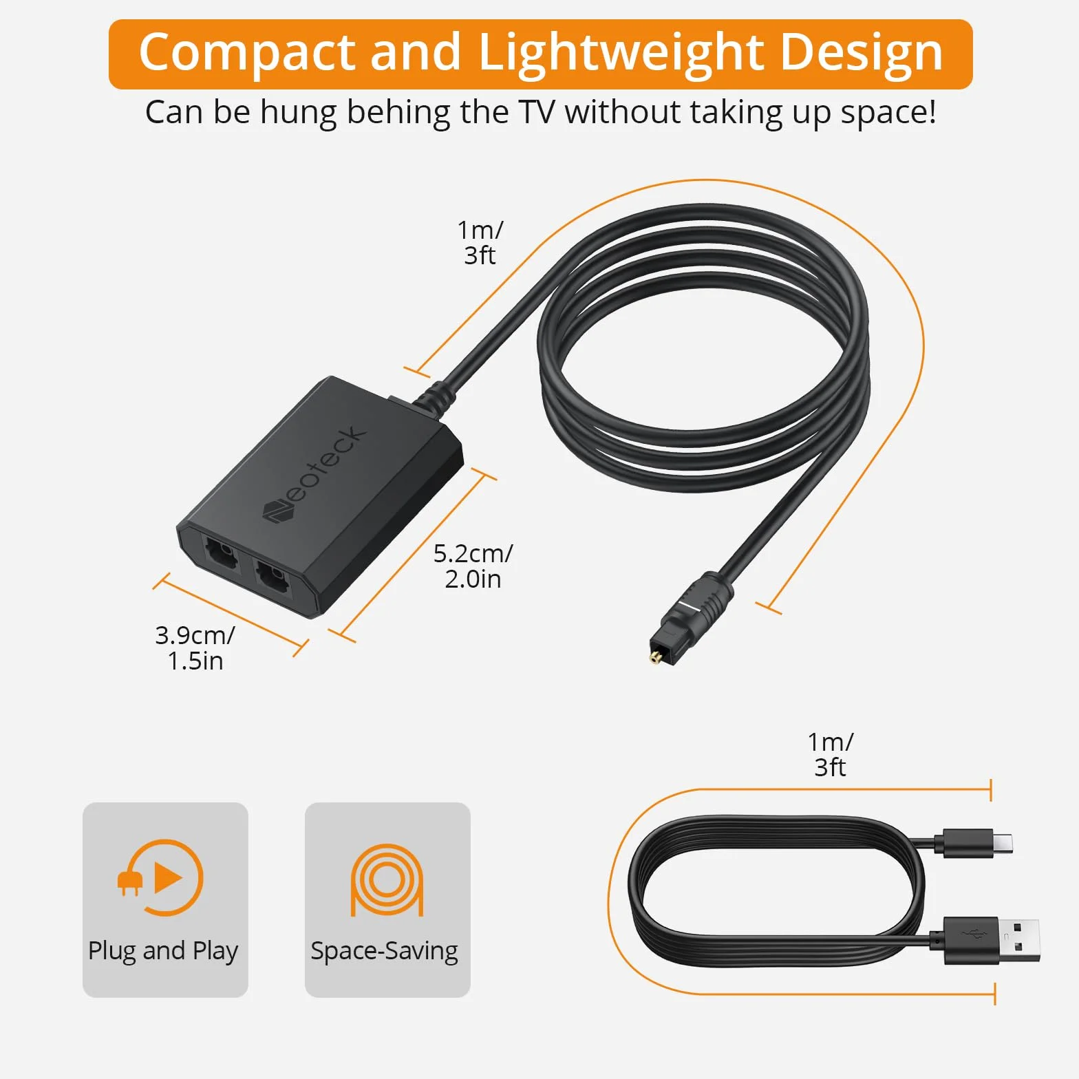 Neoteck Rozdzielacz kabli optycznych, rozdzielacz kabli adaptera audio 1 w 2 wyjścia z kablem Toslink 1 m, 2-drożny rozdzielacz optyczny Spdif Toslink obsługuje PCM2.0/DTS/Dolby-AC3 do soundbara HDTV