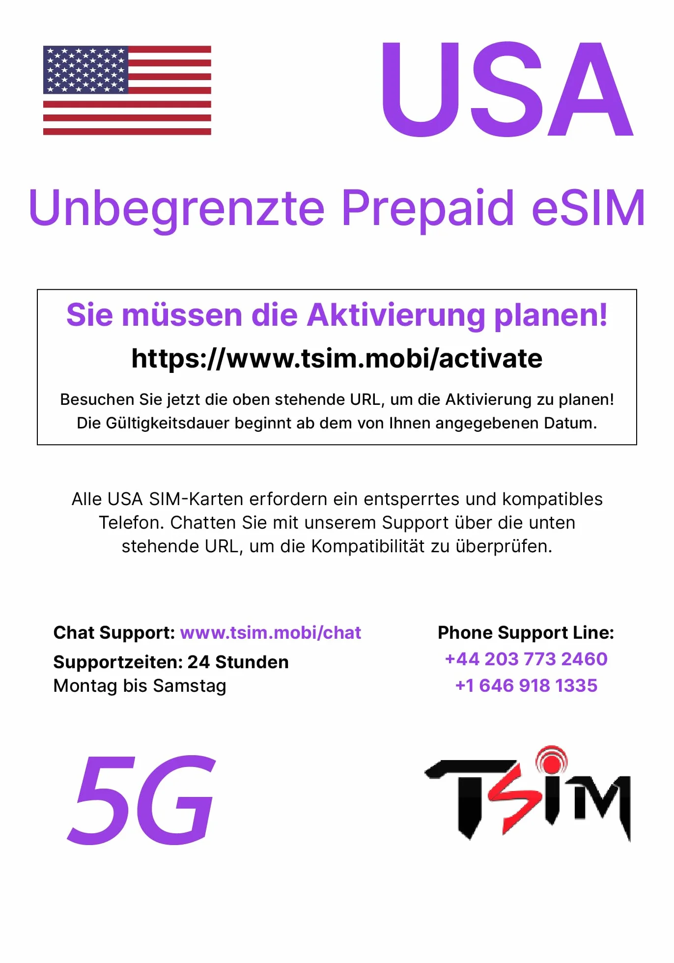 eSIM na podróż do USA. Prepaid. Sieć T-Mobile z nielimitowanymi danymi, połączeniami i wiadomościami. eSIM 5G (ważna przez 21 dni)
