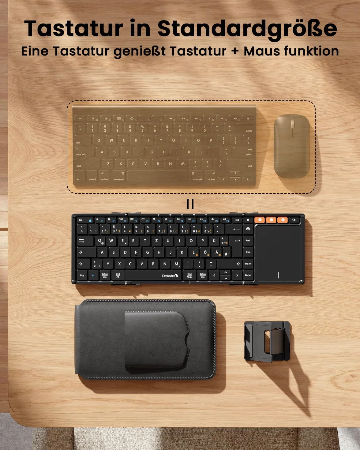 ProtoArc XK01 TP klawiatura Bluetooth składana z touchpadem, bezprzewodowa klawiatura składana QWERTZ niemiecka z dużym touchpadem dla iPad, iOS, Android, Windows Laptop PC Tablet - Czarny