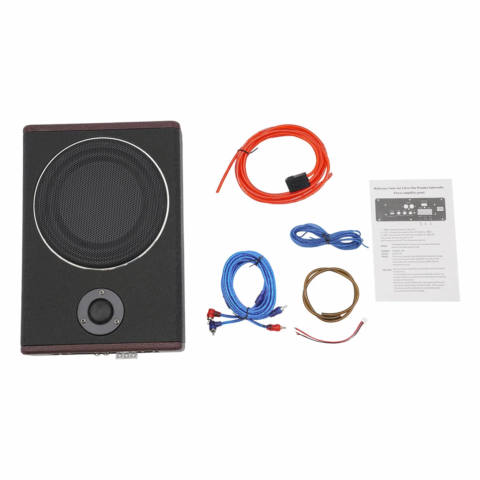 Subwoofer płaski samochodowy aktywny głośnik basowy, ultra kompaktowy pod siedzeniem, drewniany korpus pokryty skórą PU, czarny
