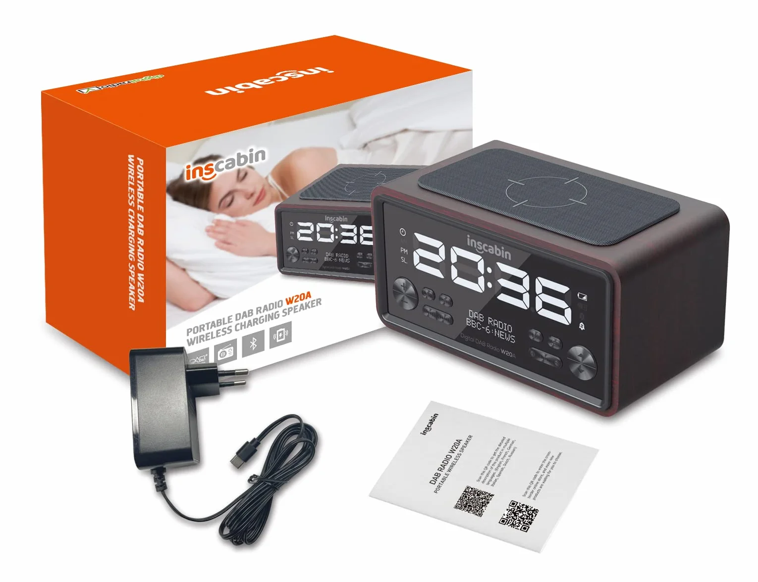 DAB/DAB+ FM cyfrowy radiobudzik z bezprzewodowym ładowaniem Bluetooth, czarny orzech