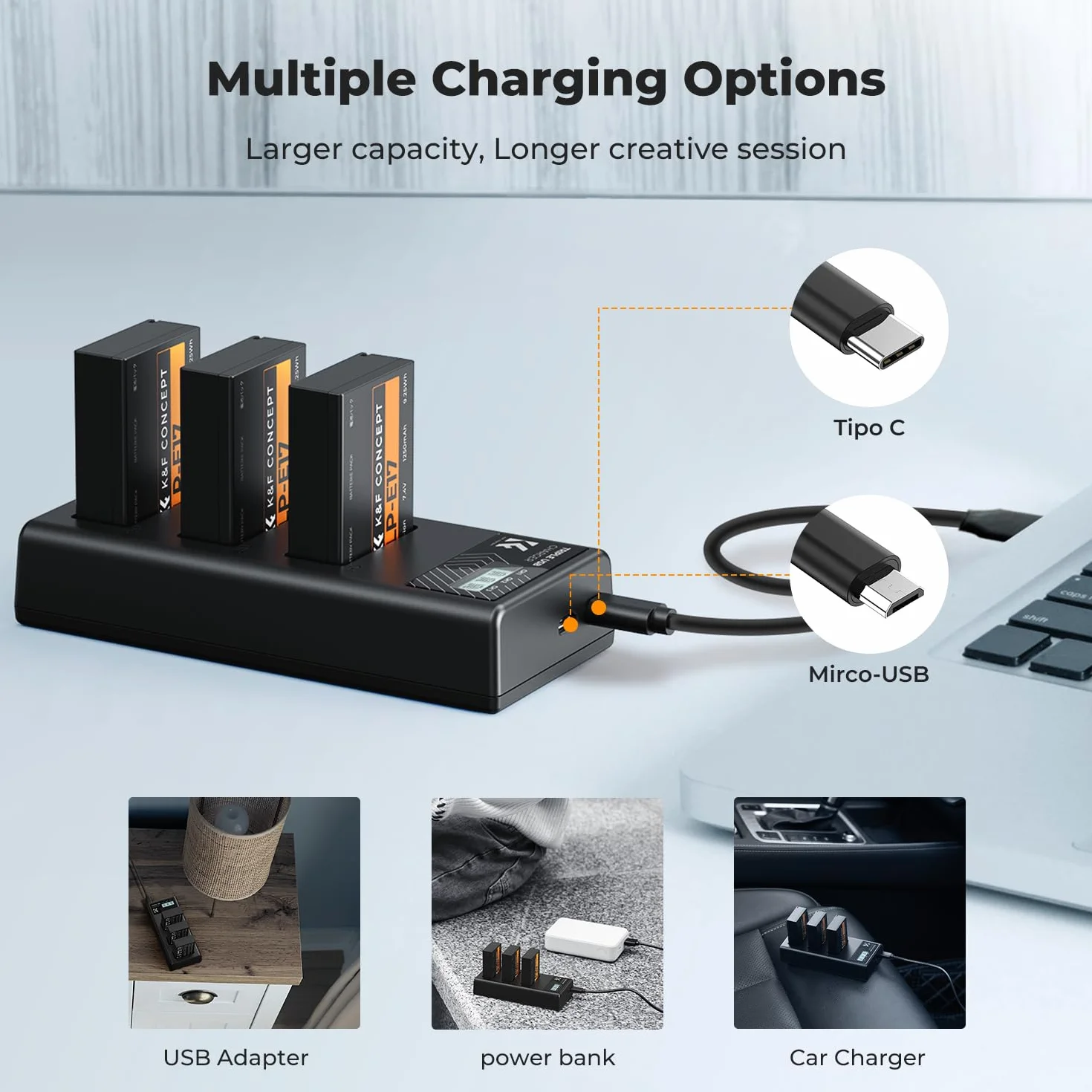 Zestaw 3 akumulatorów K&F CONCEPT LP-E17 o pojemności 1250 mAh i ulepszona ładowarka LCD z 3 gniazdami, kompatybilne z aparatami Canon EOS RP, EOS R10, EOS R8, EOS R50, Rebel T8i, T7i, T6i, SL2, SL3,