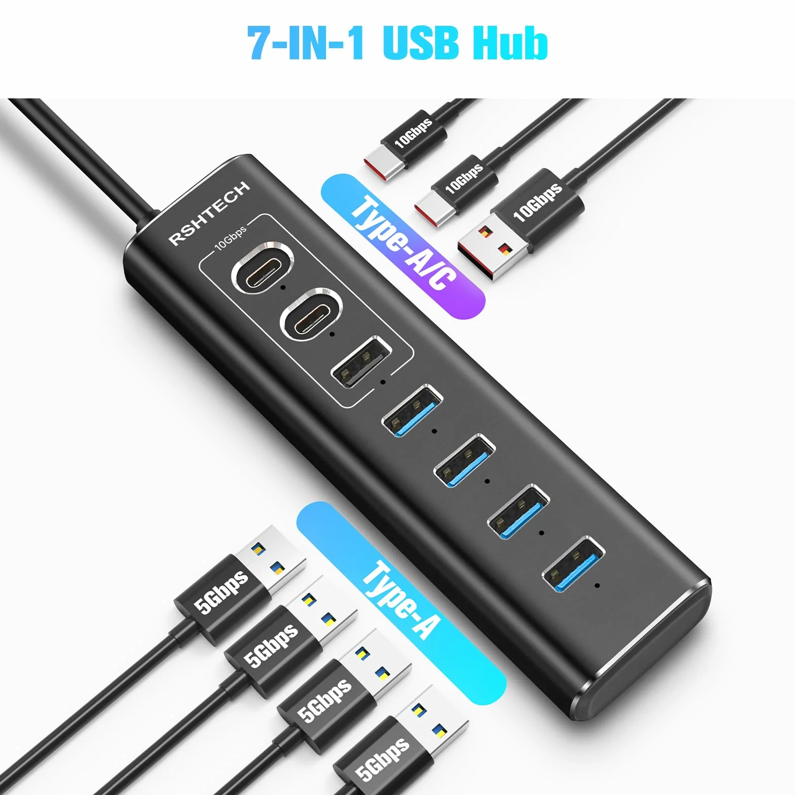 RSHTECH 7-portowy hub USB C 3.2 aktywny 10 Gb/s aluminiowy RSH-A107C