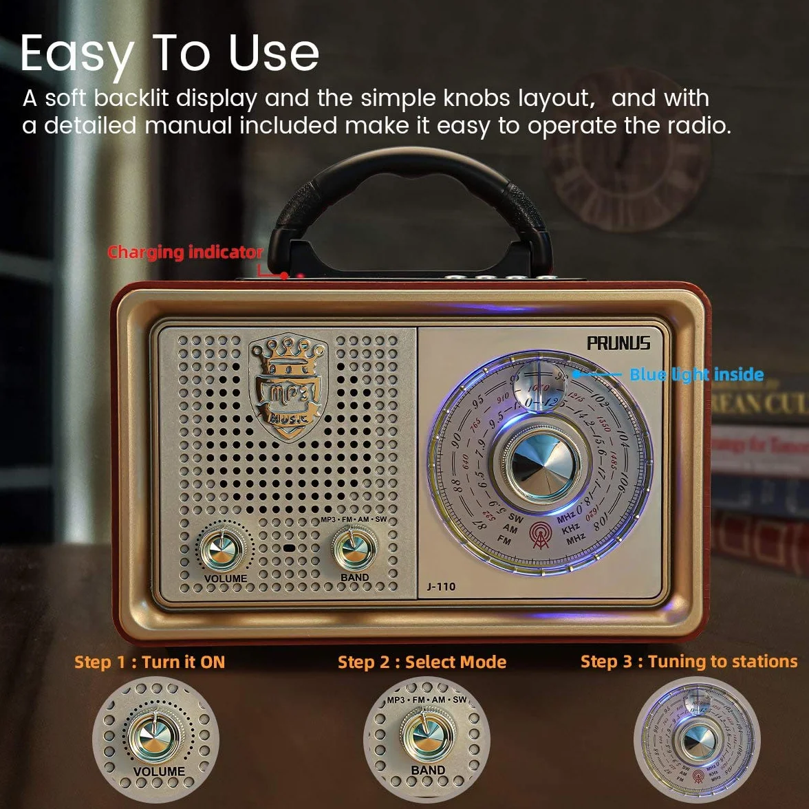 Radio PRUNUS J-110 AM/FM/SW w stylu retro z Bluetooth, nostalgiczne radio z 3 opcjami zasilania, obudowa imitująca drewno, głośnik 5 W z wzmocnionym basem, obsługa USB/TF/AUX. （Złoty）