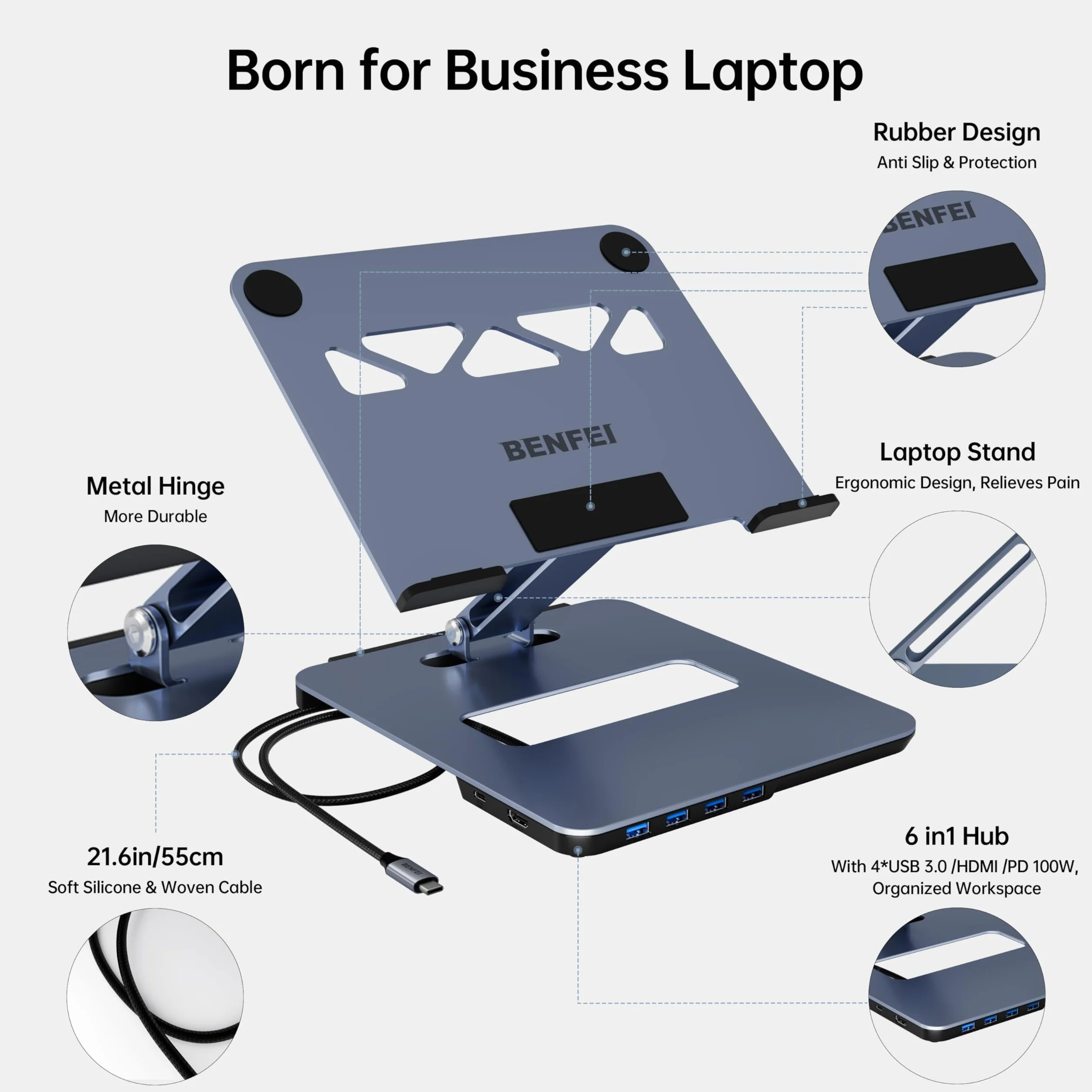 BENFEI Podstawka pod laptopa USB C 6w1 Stacja dokująca HDMI 4K 60 Hz 4xUSB3.0 100W PD