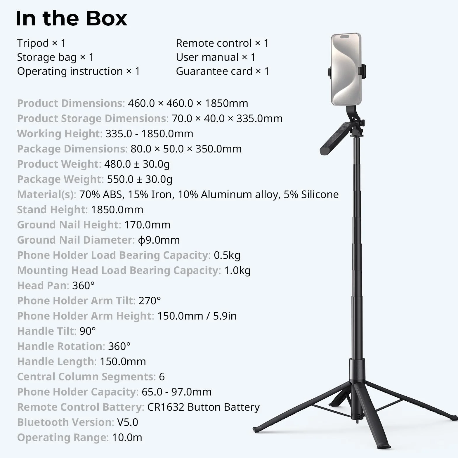 SMALLRIG 73" Phone Tripod Stand w Ground Nail, Selfie Stick Tripod with Remote, 4 Legs, 360° Handle, for Phone, Camera, Action Camera, for Recording, Overhead Shot, Streaming 4668