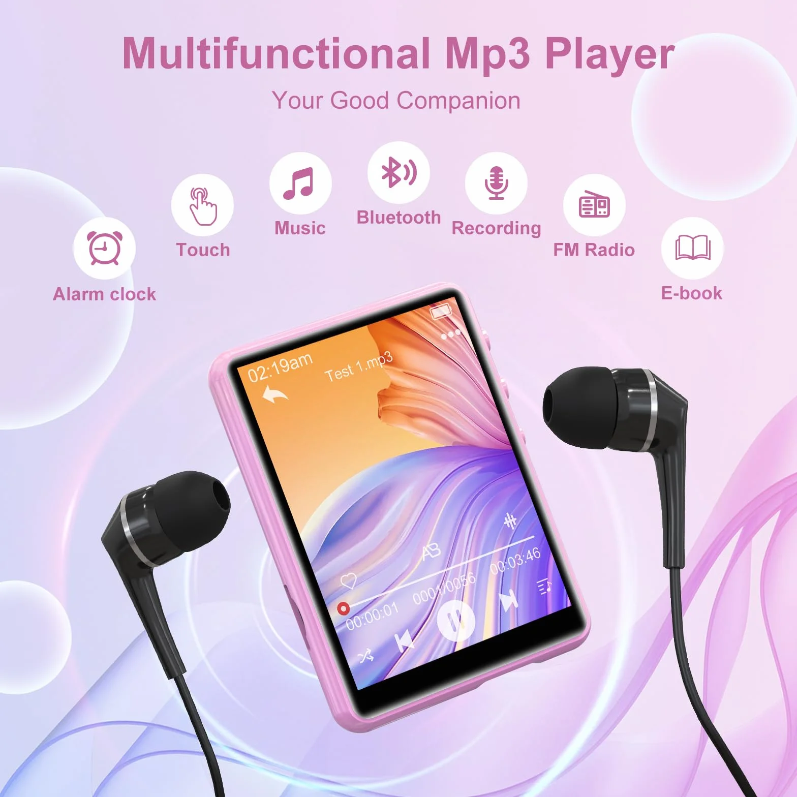 Odtwarzacz MP3 64 GB Bluetooth 5.3 2,4-calowy ekran dotykowy przenośny HiFi odtwarzacz muzyczny z głośnikiem Radio FM różowy
