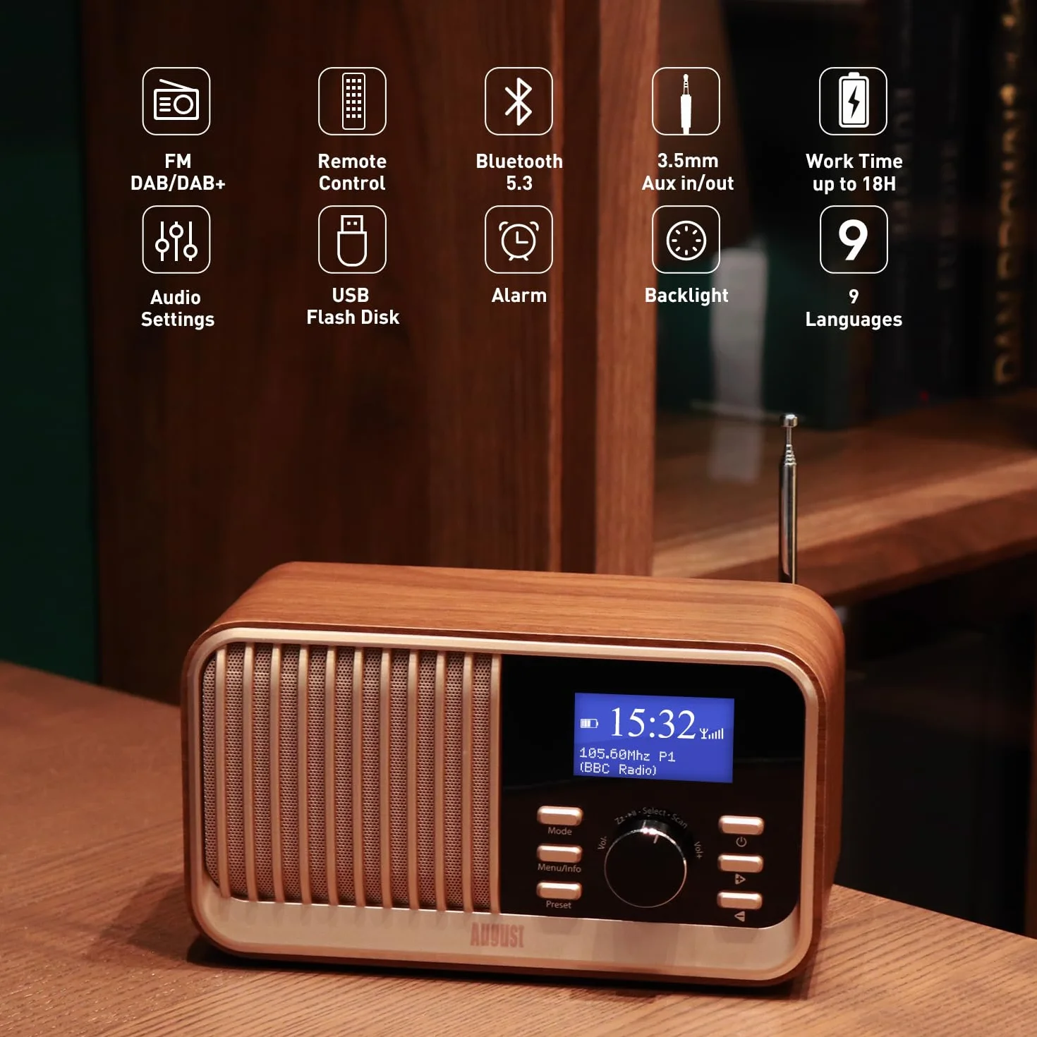 August MB450K-Radio DAB DAB+ FM Retro Przenośne Radio z Bluetooth 5.3, USB/AUX, MicroSD, Bateria 18h, Pilot Dębowy