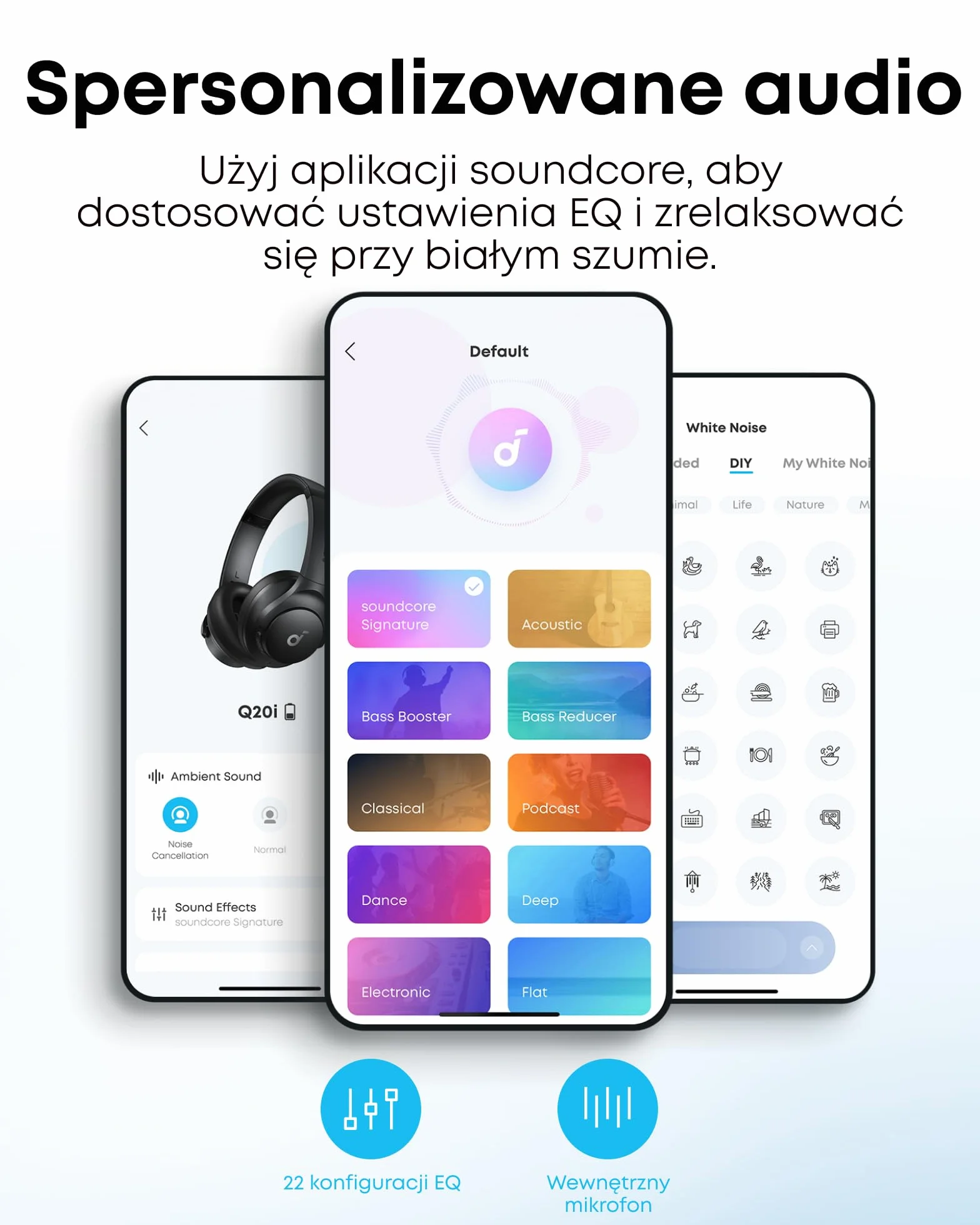 Słuchawki hybrydowe Soundcore by Anker Q20i z aktywną redukcją szumów, bezprzewodowe nauszne Bluetooth, 40-godzinny czas odtwarzania ANC, dźwięk o wysokiej rozdzielczości, mocny bas, możliwość persona