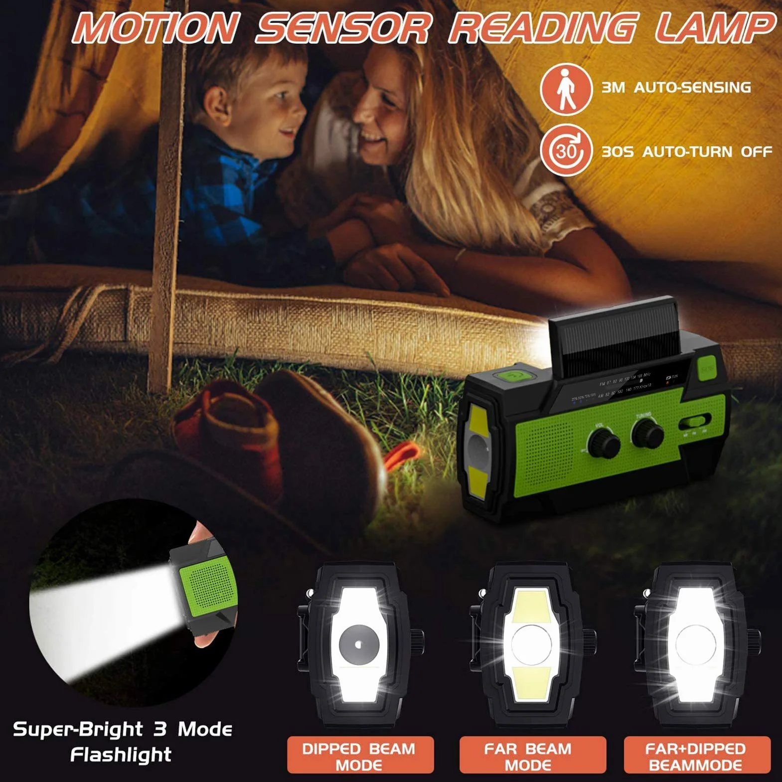 Radio solarne AM/FM korbowe przenośne USB awaryjne akumulator 4000 mAh dynamo zielone