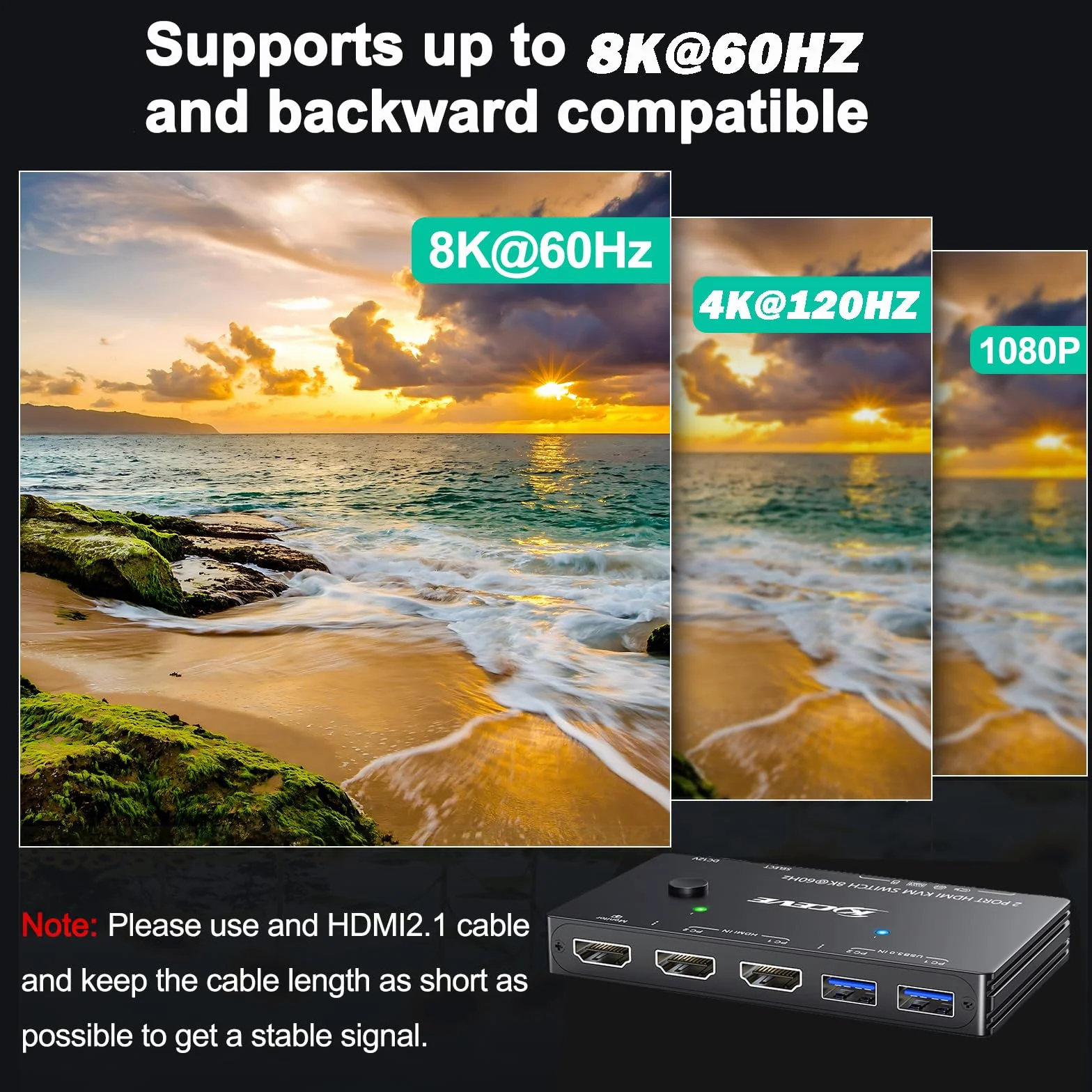 Przełącznik KVM 8K@60Hz 4K@120Hz, ESKEVE HDMI KVM Switch dla 2 komputerów dzielących 1 monitor i 3 urządzenia USB3.0, przewodowy pilot zdalnego sterowania i kabel USB w zestawie