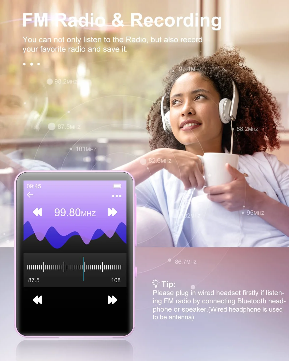 64 GB odtwarzacz MP3 z Bluetooth 5.0, odtwarzacz muzyki z wbudowanym głośnikiem HD, dźwięk HiFi, ekran dotykowy, radio FM, dyktafon, E-book, zestaw słuchawkowy, rozszerzalny 128 GB TF