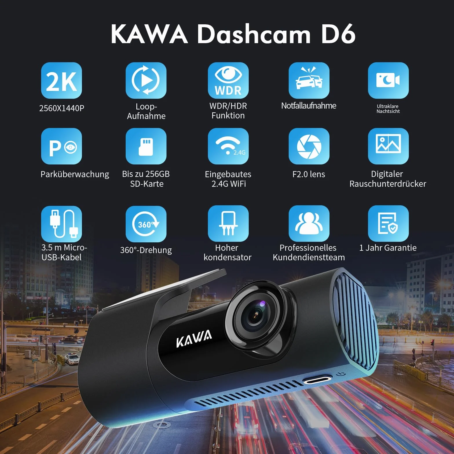 2K Dash Cam Auto, KAWA 1440P Full QHD Telekamera Auto 360° Ogólny obrotowy Wi-Fi Incorporato, Sorveglianza di Parcheggio 24h e G-Sensor, 145° Grandangolo, WDR z widokiem Notturna Eccellente