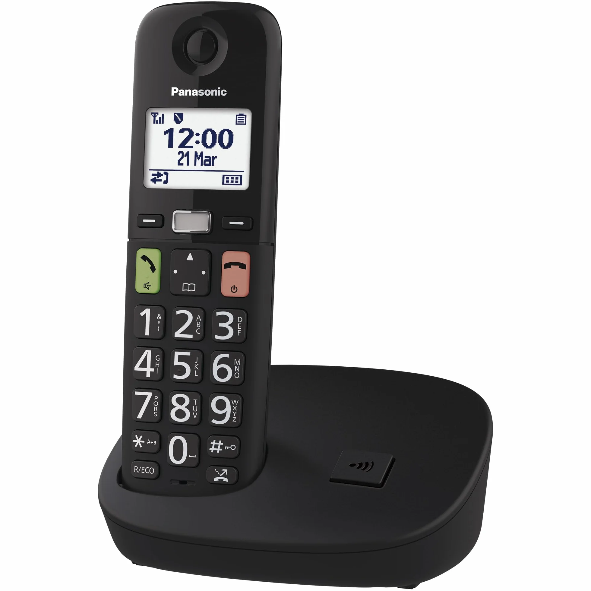 Panasonic KX-TGU110EXB Bezprzewodowy telefon cyfrowy, ekran LCD, duże przyciski, ulubione połączenia, kompatybilny z aparatami słuchowymi, czarny