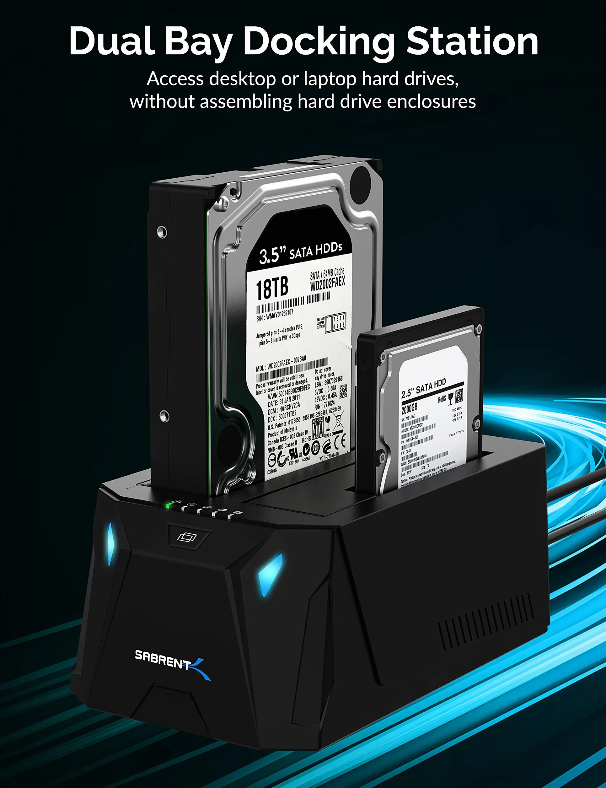 SABRENT Stacja dokująca do dysku twardego USB C SATA 2,5"/3,5", 2 kieszenie na dysk SSD/HDD na USB 3.2, zewnętrzna obudowa na dysk twardy, klonowanie offlinowe, UASP, kabel USB w zestawie, z