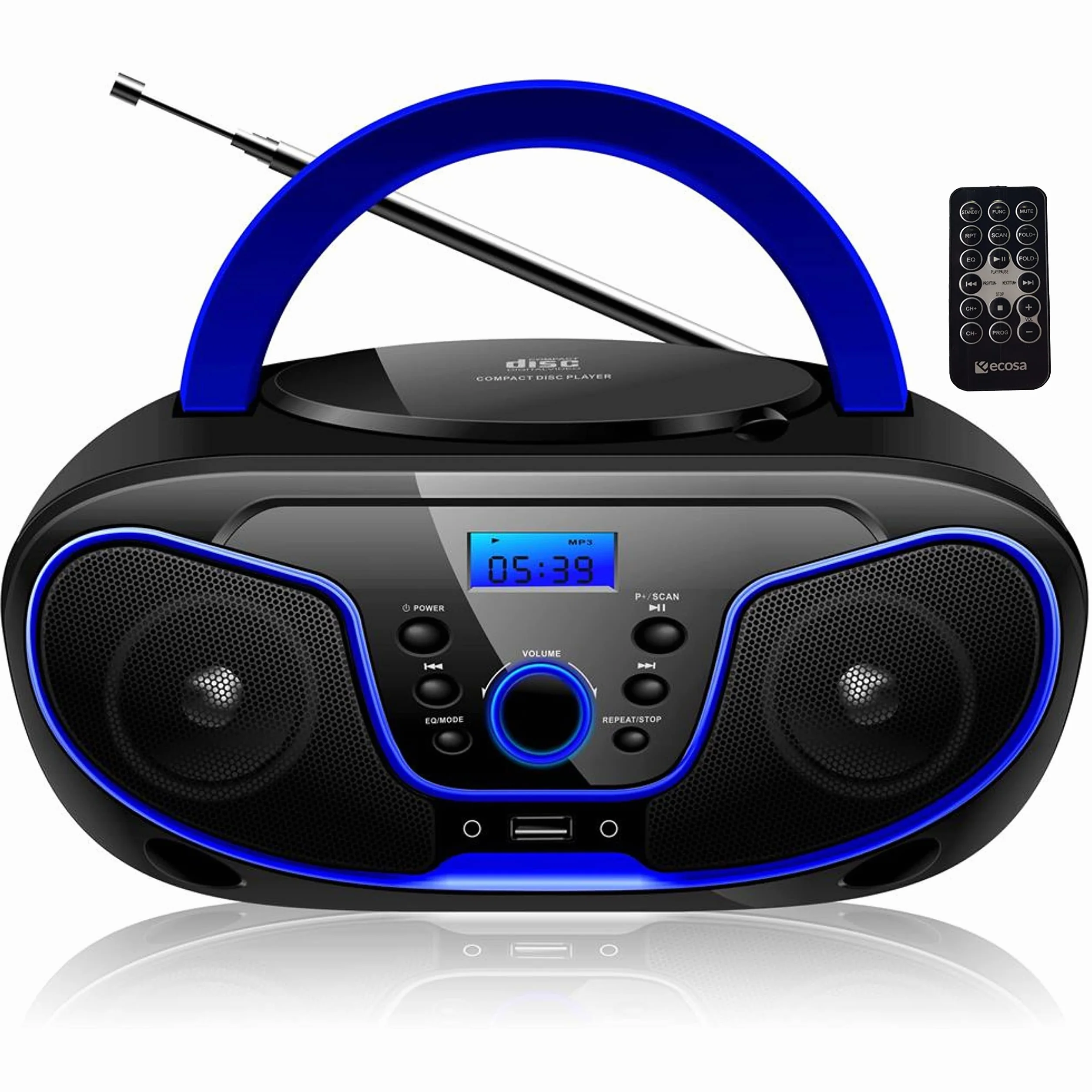 Przenośny odtwarzacz CD - Boombox - CD/CD-R - USB - Radio FM - Wejście AUX - Gniazdo słuchawkowe - Odtwarzacz CD - Radio dla dzieci - CD - Kanał stereo - Kompaktowy system (Dark Blue)