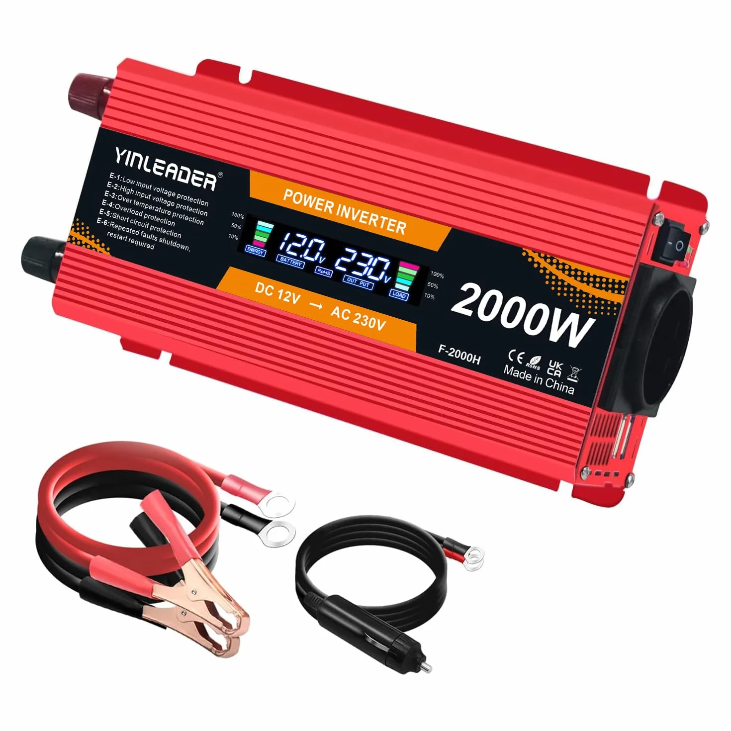 Yinleader Power Inverter 12V 220V 1000W / 2000W Przetwornica napięcia z wyświetlaczem LCD 2USB