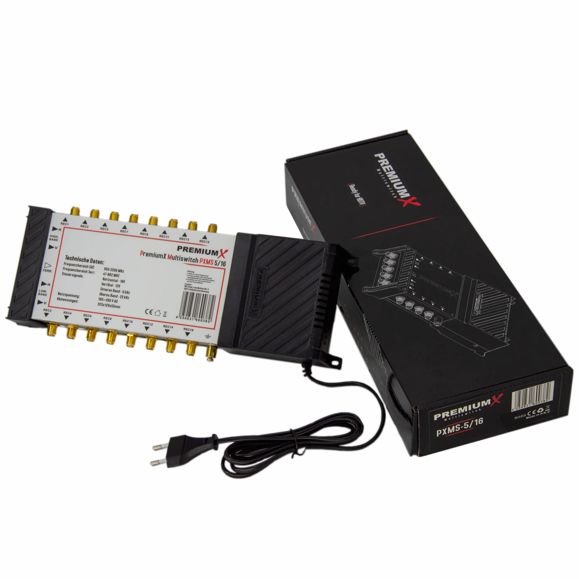 PremiumX PXMS Multiswitch 5/16 Dystrybutor sygnałów satelitarnych 16 użytkowników HDTV 4K 8K