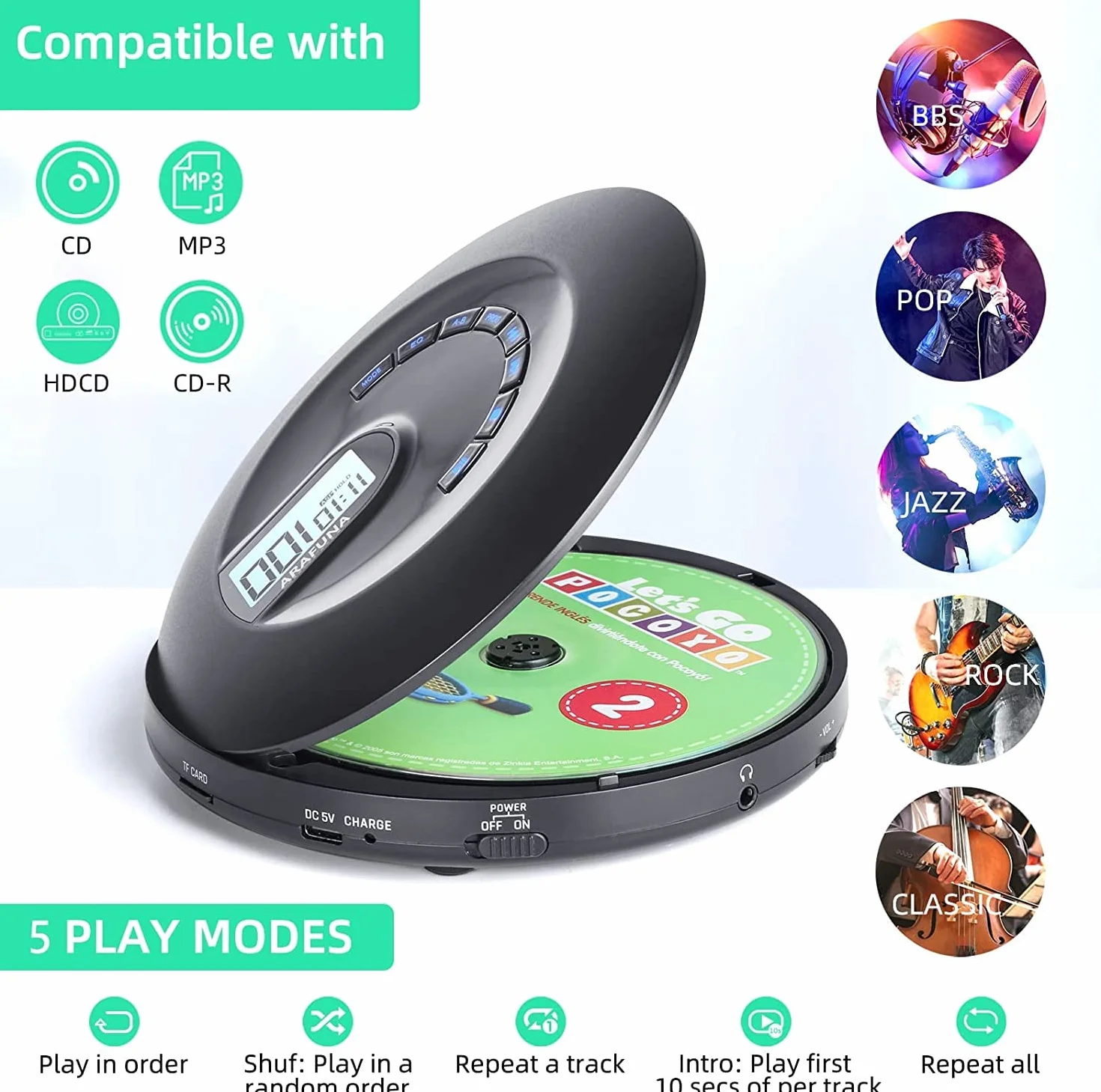 Portable Rechargeable CD Player with Anti-Skip, LCD Display, AUX, Headphones for Car Travel