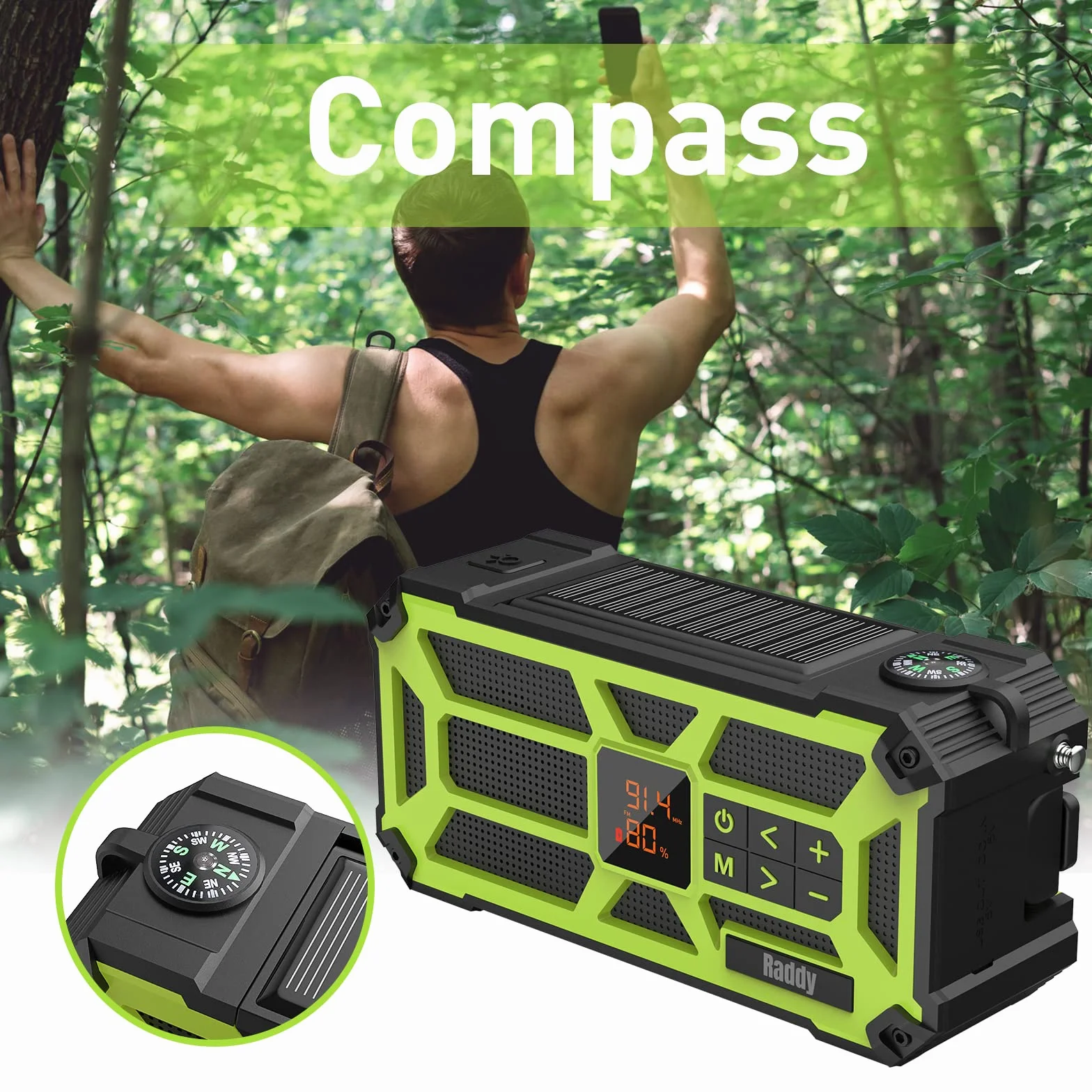 Raddy SW5 Przenośne radio solarne AM/FM IPX5 5000 mAh z korbą i latarką