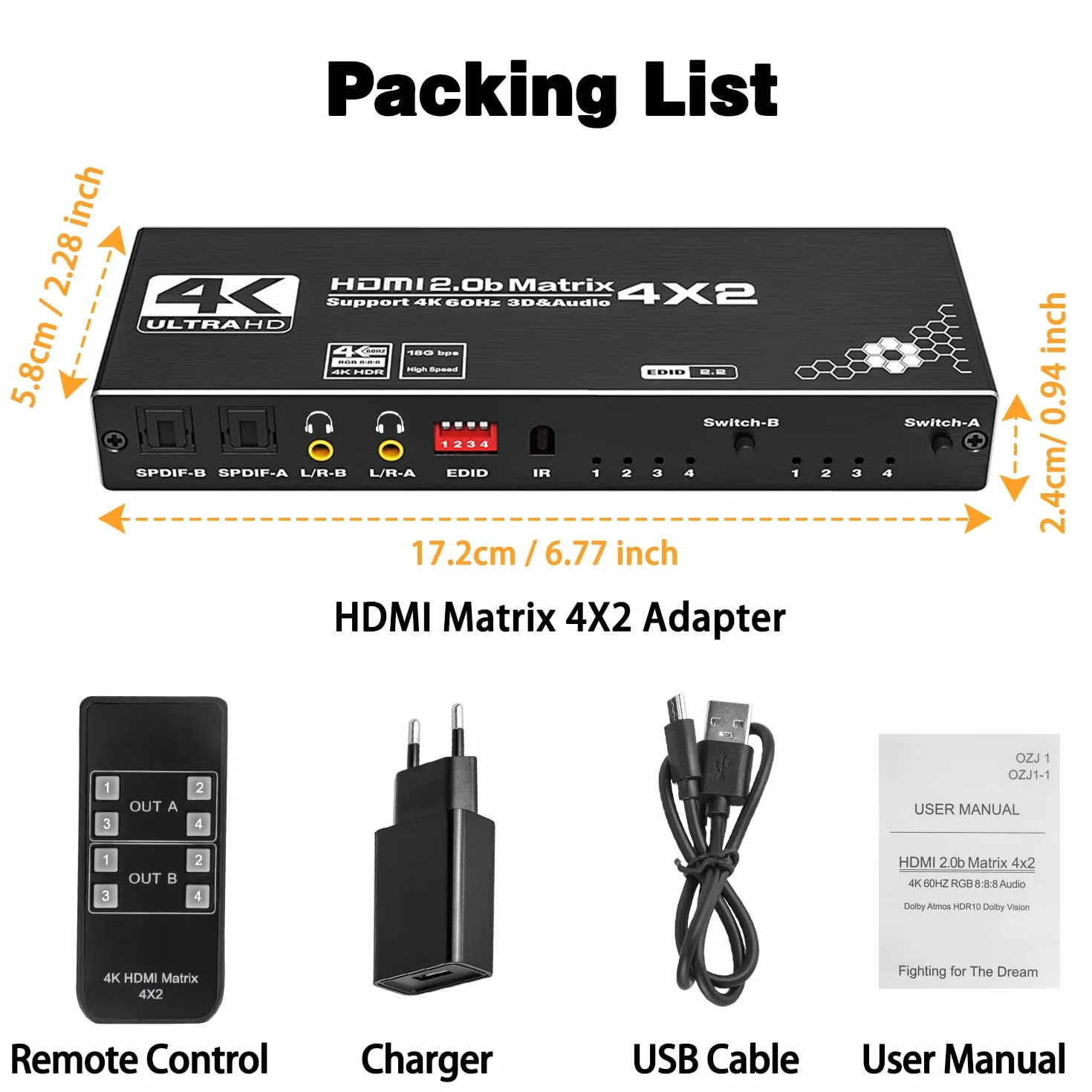 Tendak Matrix HDMI 4x2 - Przełącznik 4K 60Hz z Ekstrakcją Audio, Obsługa HDCP 2.2, EDID, HDR, 3D, Pilot
