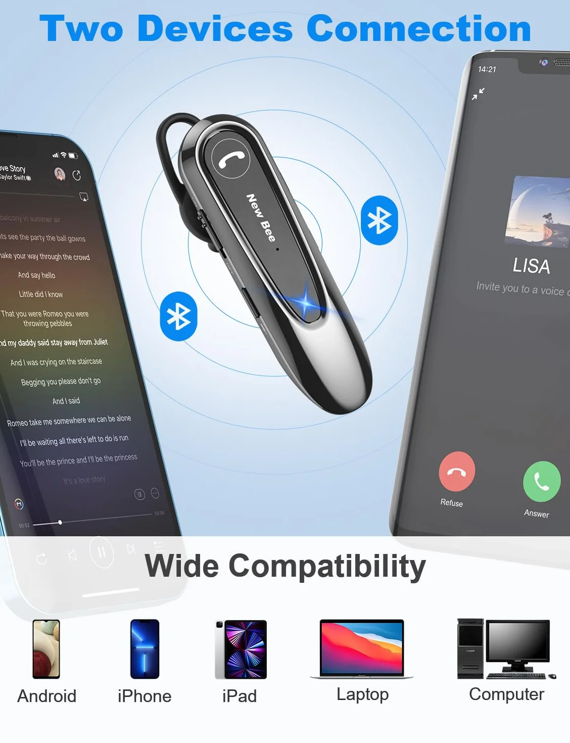 New bee Zestaw słuchawkowy Bluetooth V5.0 bezprzewodowy głośnomówiący 25h