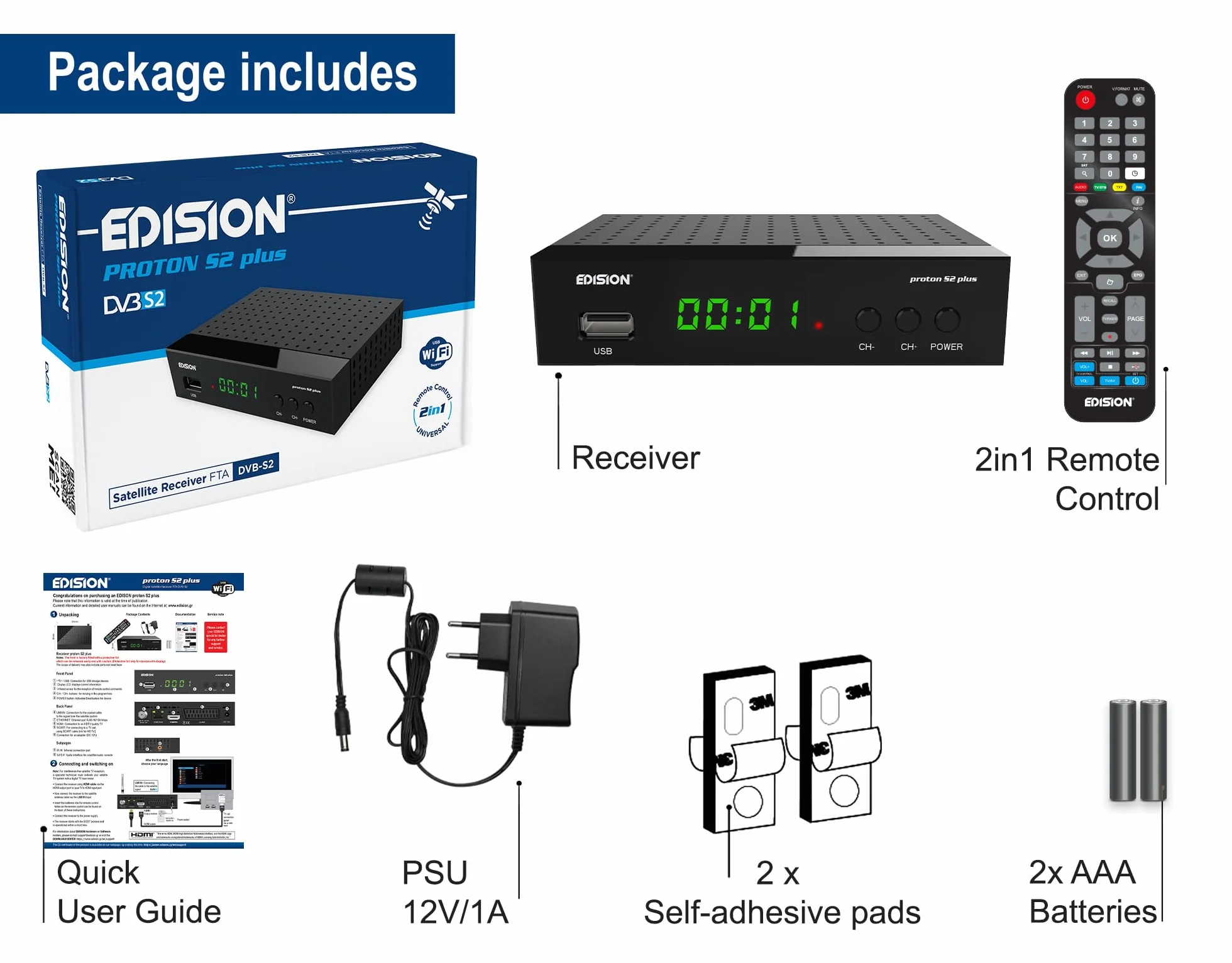 EDISION PROTON S2 plus Full HD Odbiornik satelitarny DVB-S2 FTA Unicable USB WiFi LAN HDMI SCART SPDIF IR