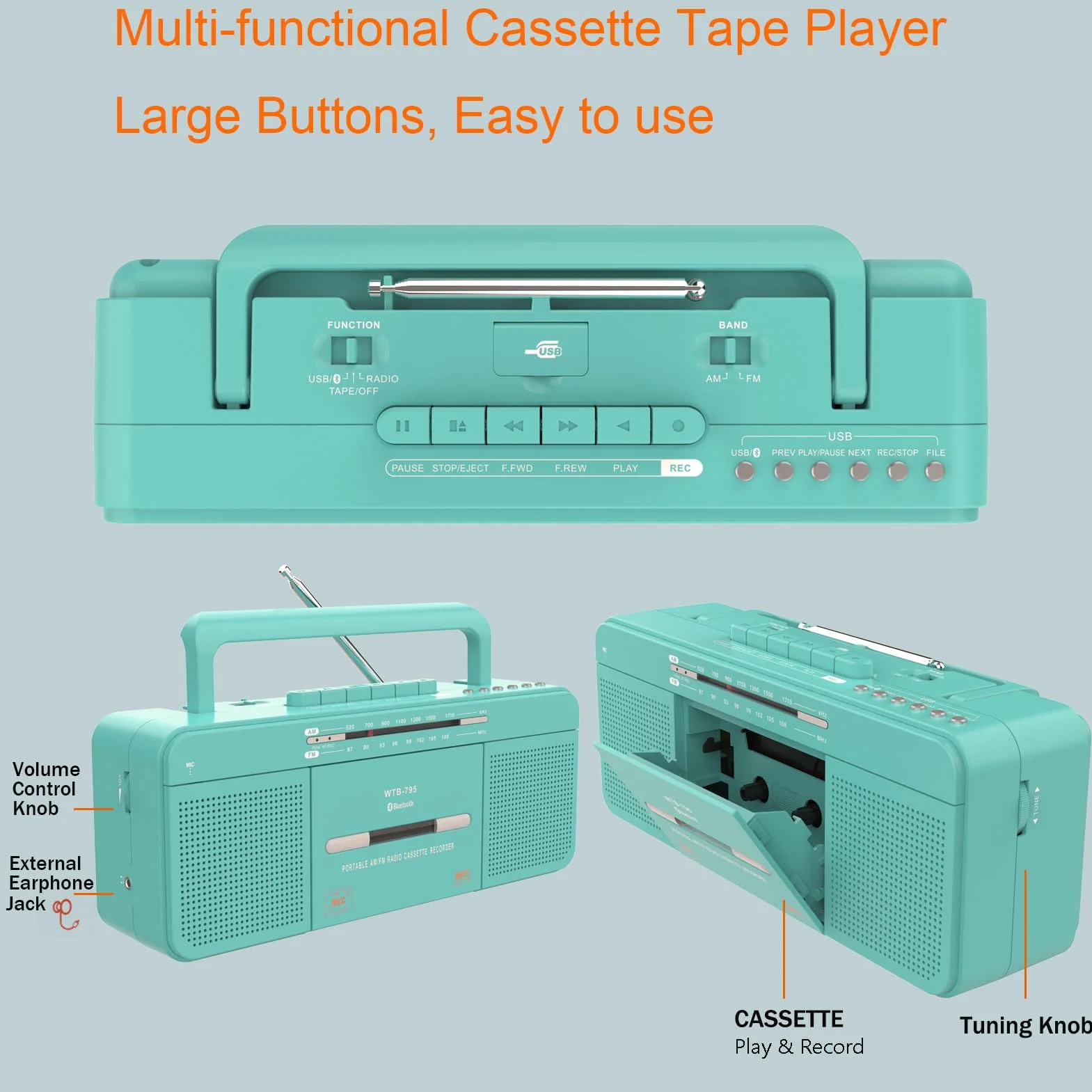 WISCENT Odtwarzacz kasetowy USB Bluetooth AM/FM Radio stereo, konwerter na MP3, głośniki 3", przenośny
