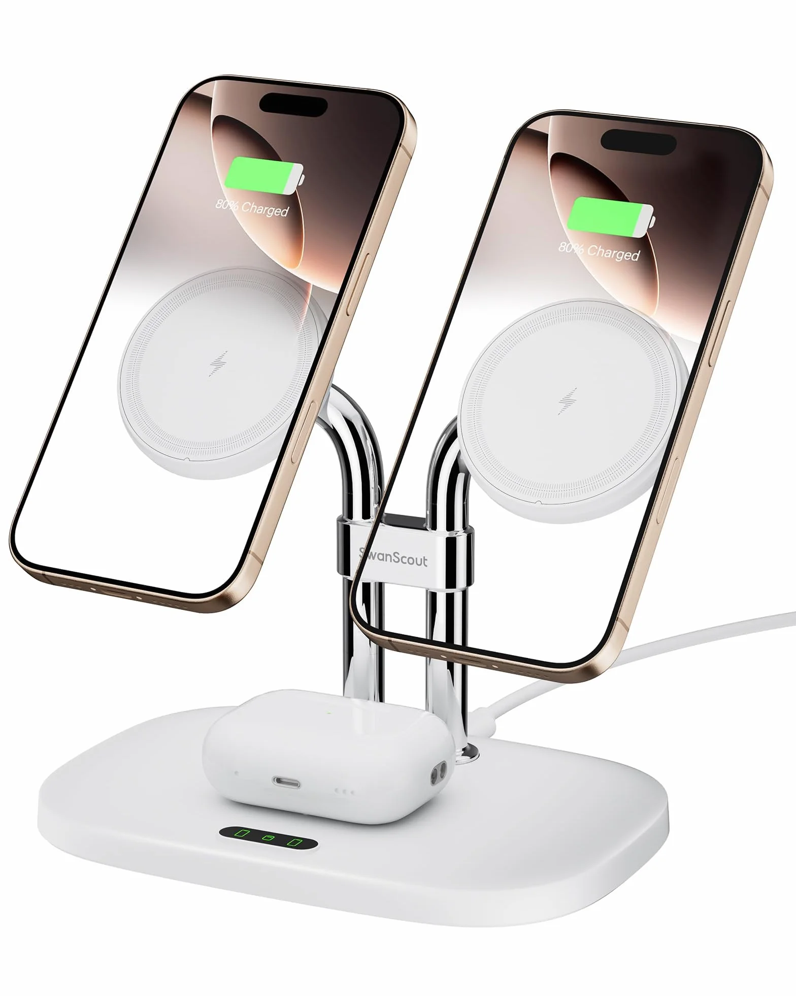 SwanScout 706M Indukcyjna stacja ładująca Mag-Safe do iPhone 17/Air/16/15/14/13, AirPods Pro 4/3, bezprzewodowa ładowarka 2 urządzenia