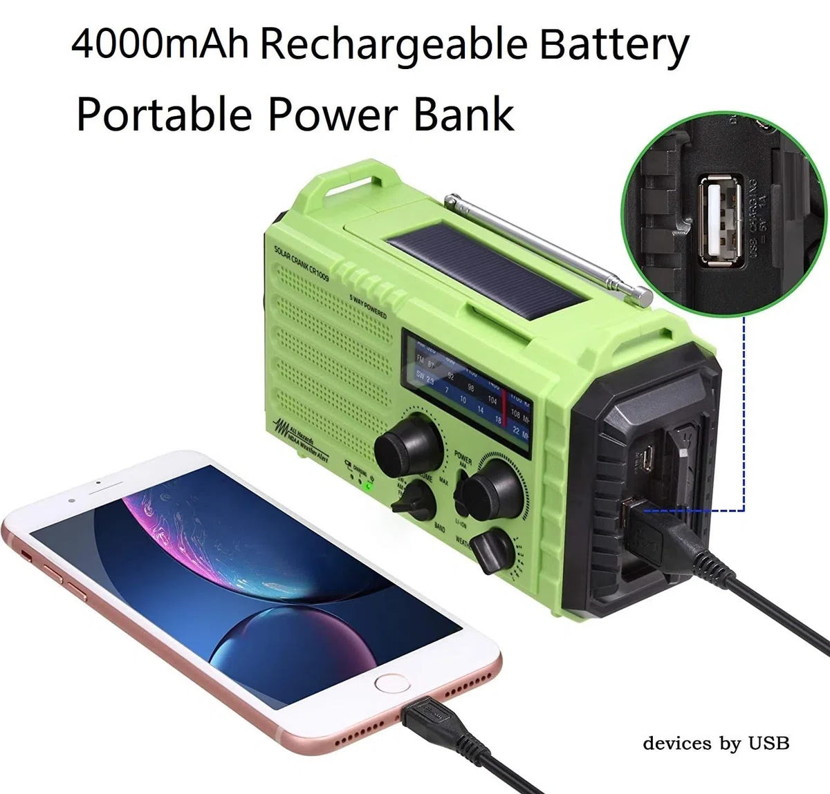 AM/FM/SW radio budowlane AM/FM/SW, przenośne 5-drożne radio pogodowe z panelem solarnym, dynamo, korbą ręczną, Power Bank, światło kempingowe LED, alarm SOS, kompas, złącze USB do ładowania telefonu komórkowego w sytuacjach awaryjnych
