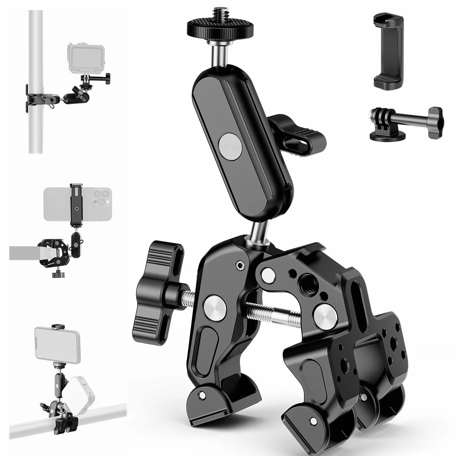 NEEWER Super Clamp+Magic Arm 3" z dwiema głowicami kulowymi, zacisk aparatu/telefonu z gwintem 1/4", ColdShoe, uchwyt na telefon i mocowanie kamery Action Cam kompatybilny z GoPro DJI iPhone 16 15 Pro