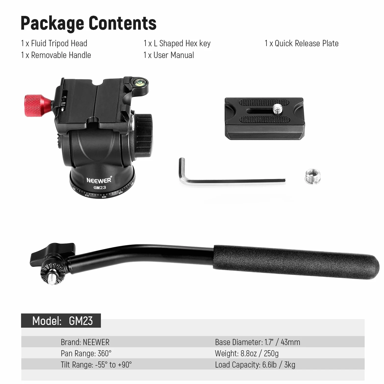 NEEWER Płynna głowica statywu Arca Quick Release, panoramiczna głowica uchylna ze stopu aluminium, ø43 mm, maksymalne obciążenie 3 kg