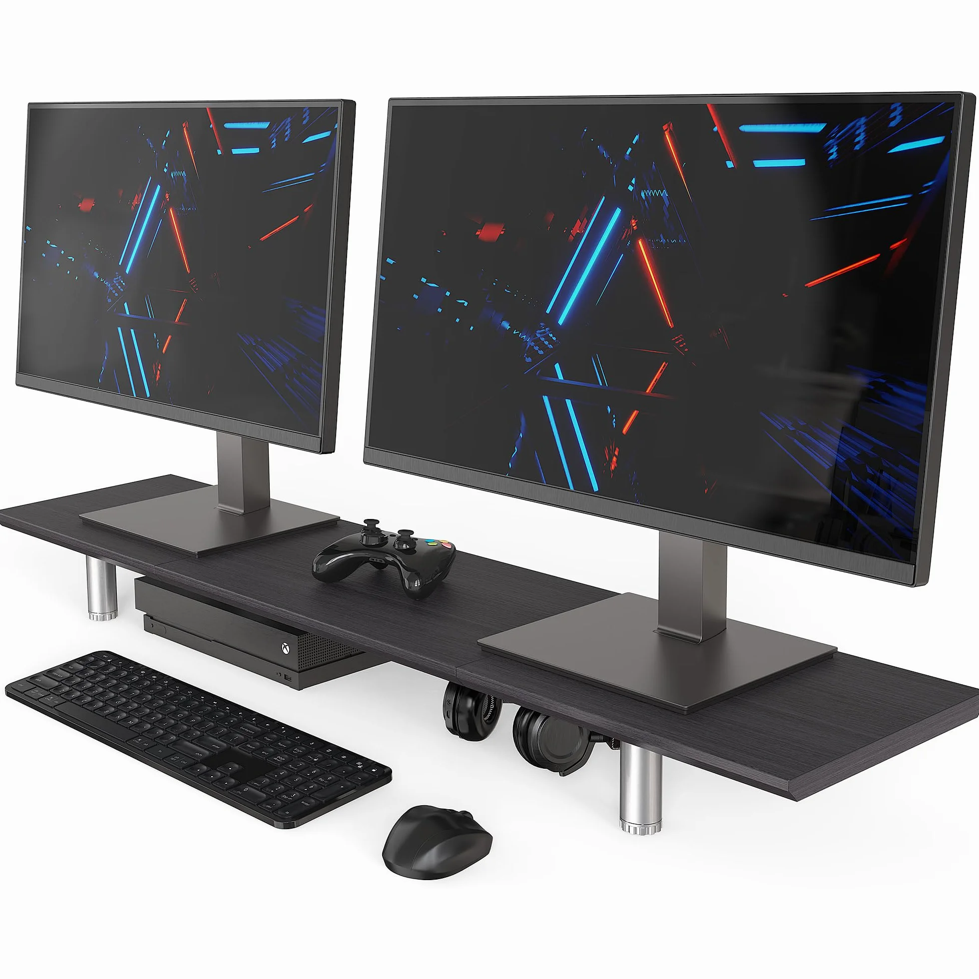 Fenge Duży Stojak na Monitor Podwójny z Nogą z Regulacją Wysokości, Drewniany na Biurko dla PC/Laptop/Telewizor/Drukarka, Akcesoria Biurkowe, Czarny