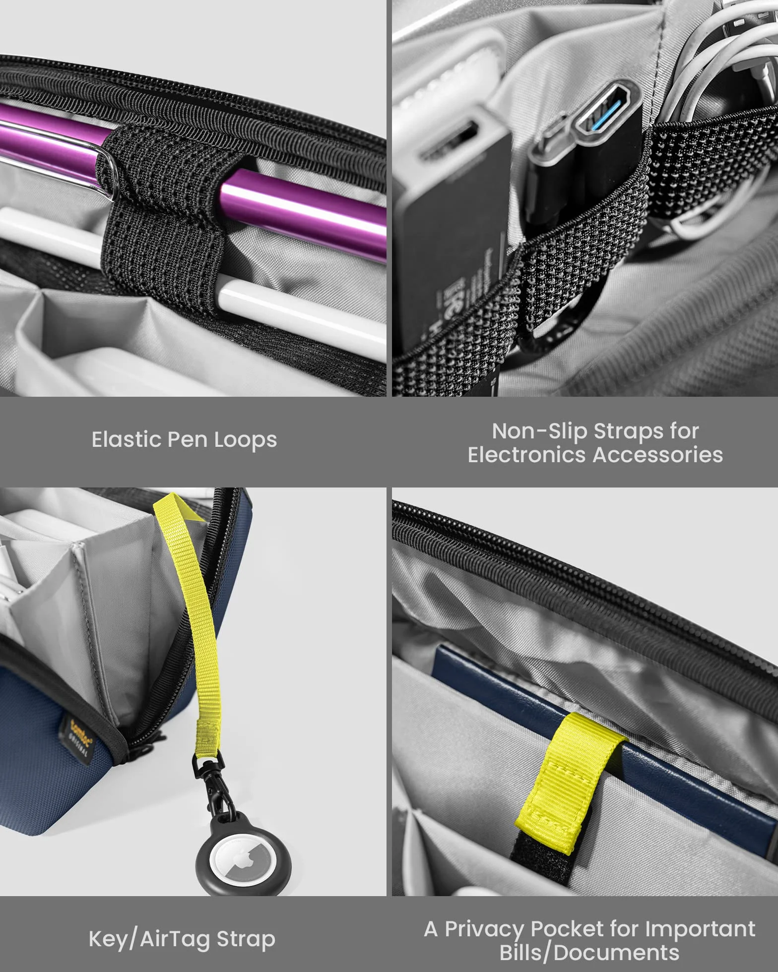 tomtoc Elektroniczny organizer na akcesoria, etui na MacBooka, ładowarkę, kable podróżne, powerbank, dysk twardy, wodoodporna torba z wyjmowanymi przegródkami na karty, na adapter USB, kartę pamięci, Ciemnoniebieski, 2.4L