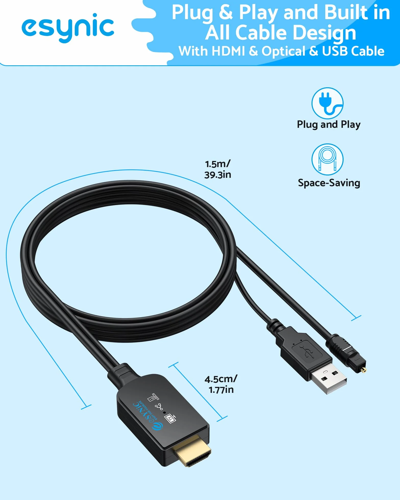 eSynic eARC/ARC HDMI Audio Adapter 1,5 m 192 kHz/24 bit Dolby Digital DTS 5.1 z Ekstraktorem Audio