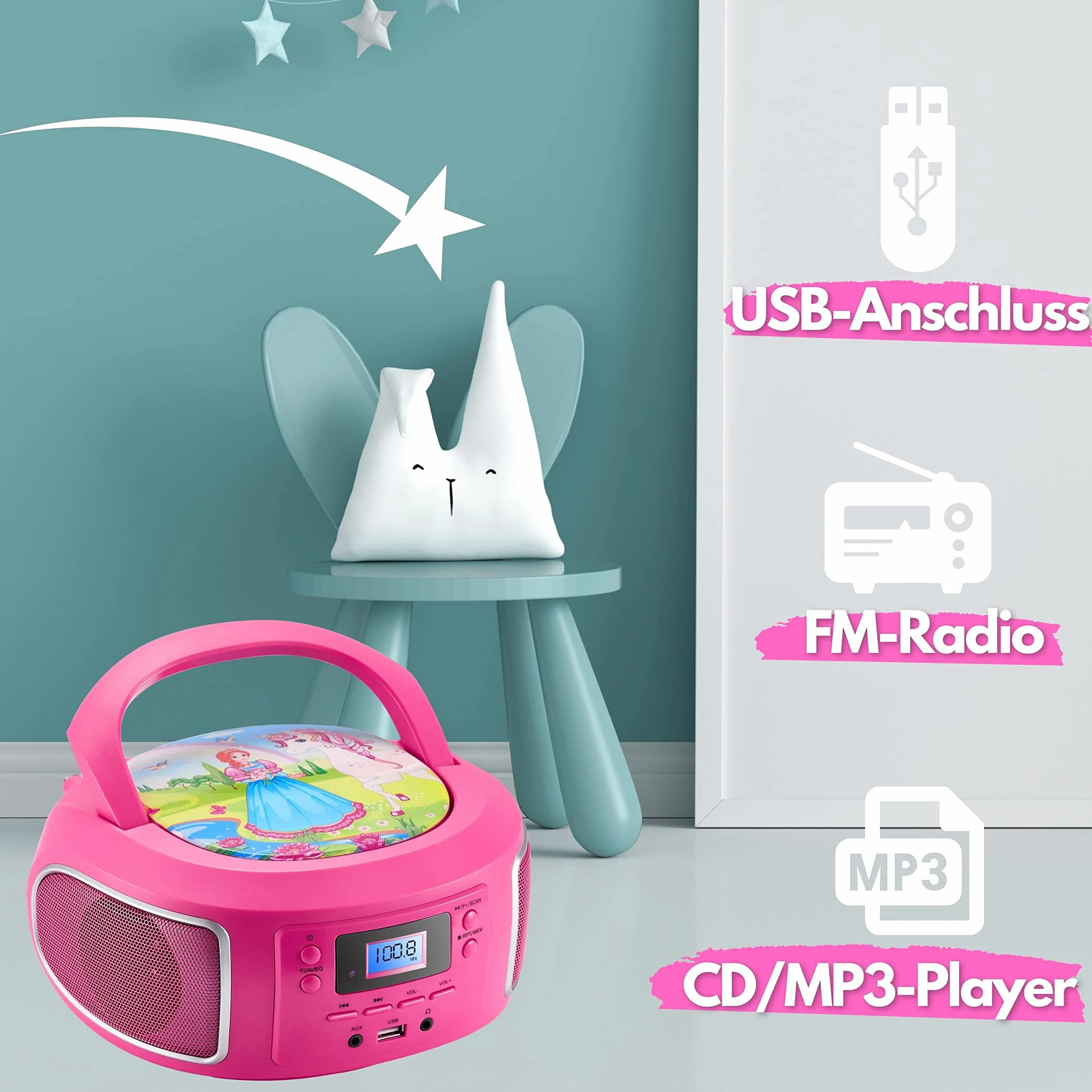 Przenośny Boombox z radiem FM, AUX-in, CD/CD-R, USB, złącze słuchawkowe - kompaktowy zestaw stereo dla dzieci