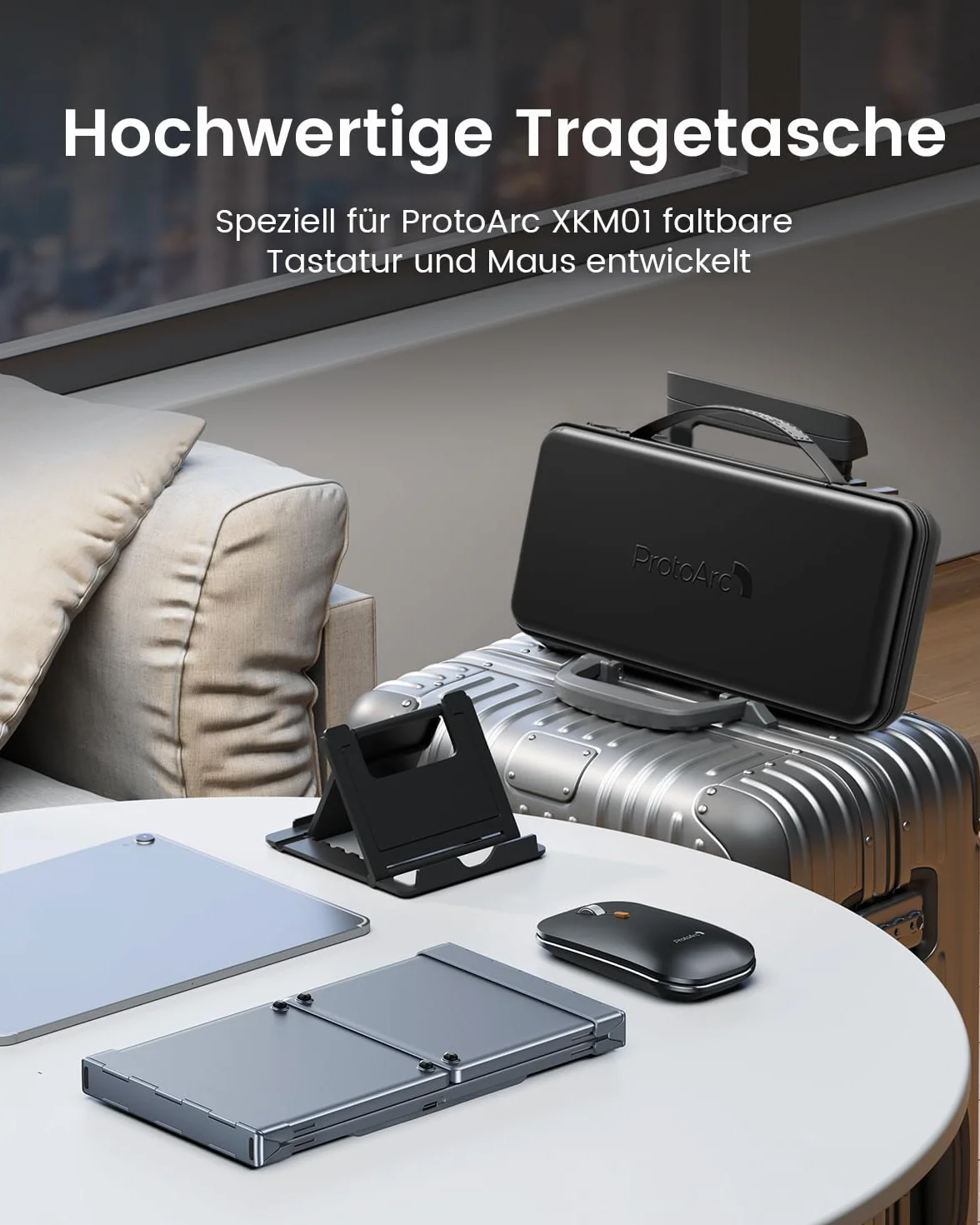 ProtoArc Składana klawiatura bezprzewodowa i mysz, XKM01 klawiatura Bluetooth, składana mysz, 2,4 G + Dual Bluetooth, pełnowymiarowa, mobilna klawiatura, układ QWERTZ, do iPada, tabletu, iPhone'a